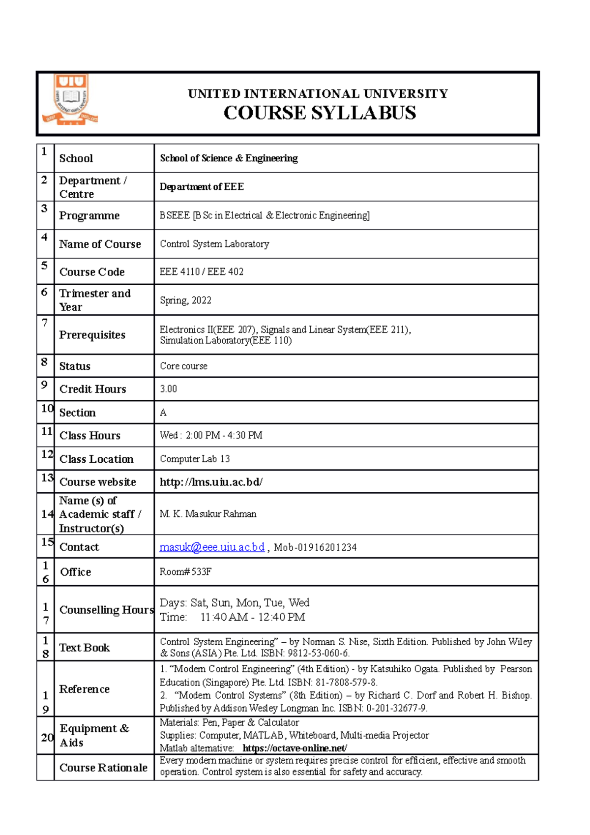 Course Syllabus EEE402 T221 - UNITED INTERNATIONAL UNIVERSITY COURSE ...