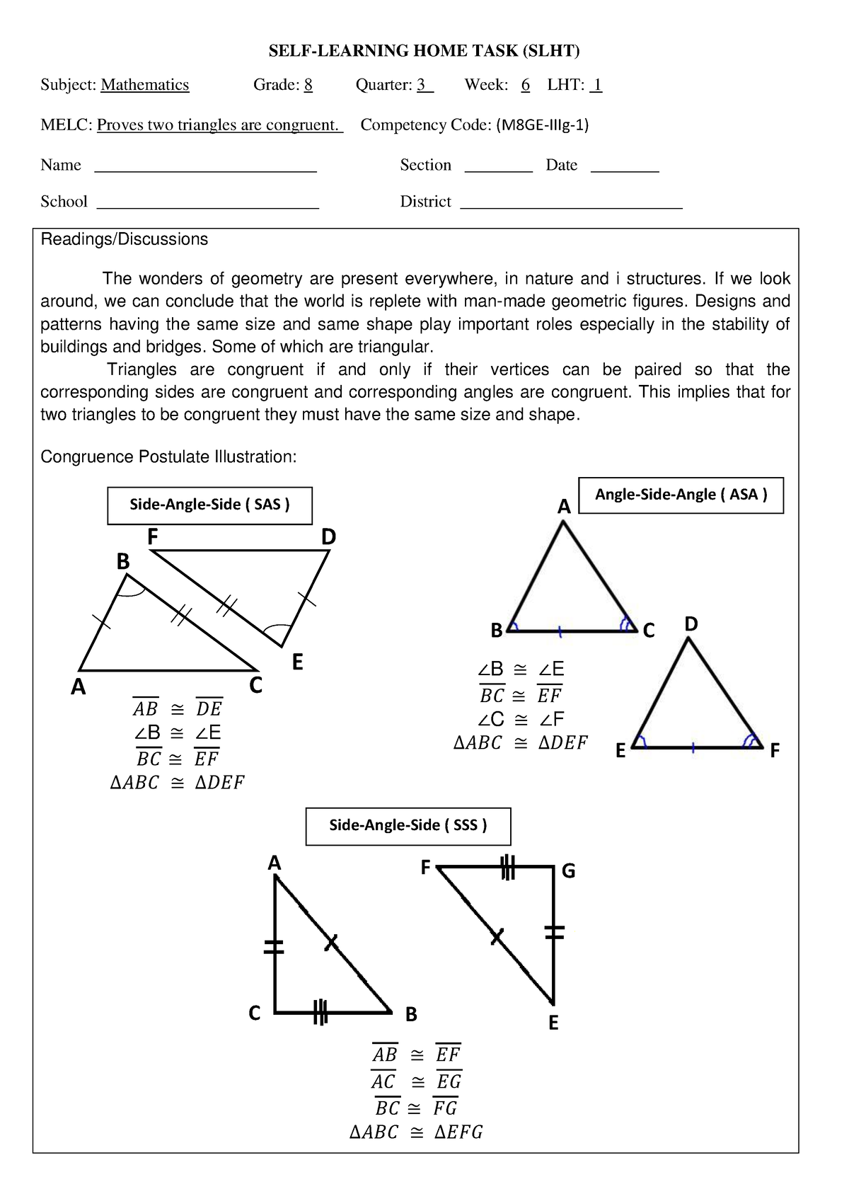 MATH 8 SLHT, Q3, Wk6 M8GE-IIIg-1 - ####### SELF-LEARNING HOME TASK ...