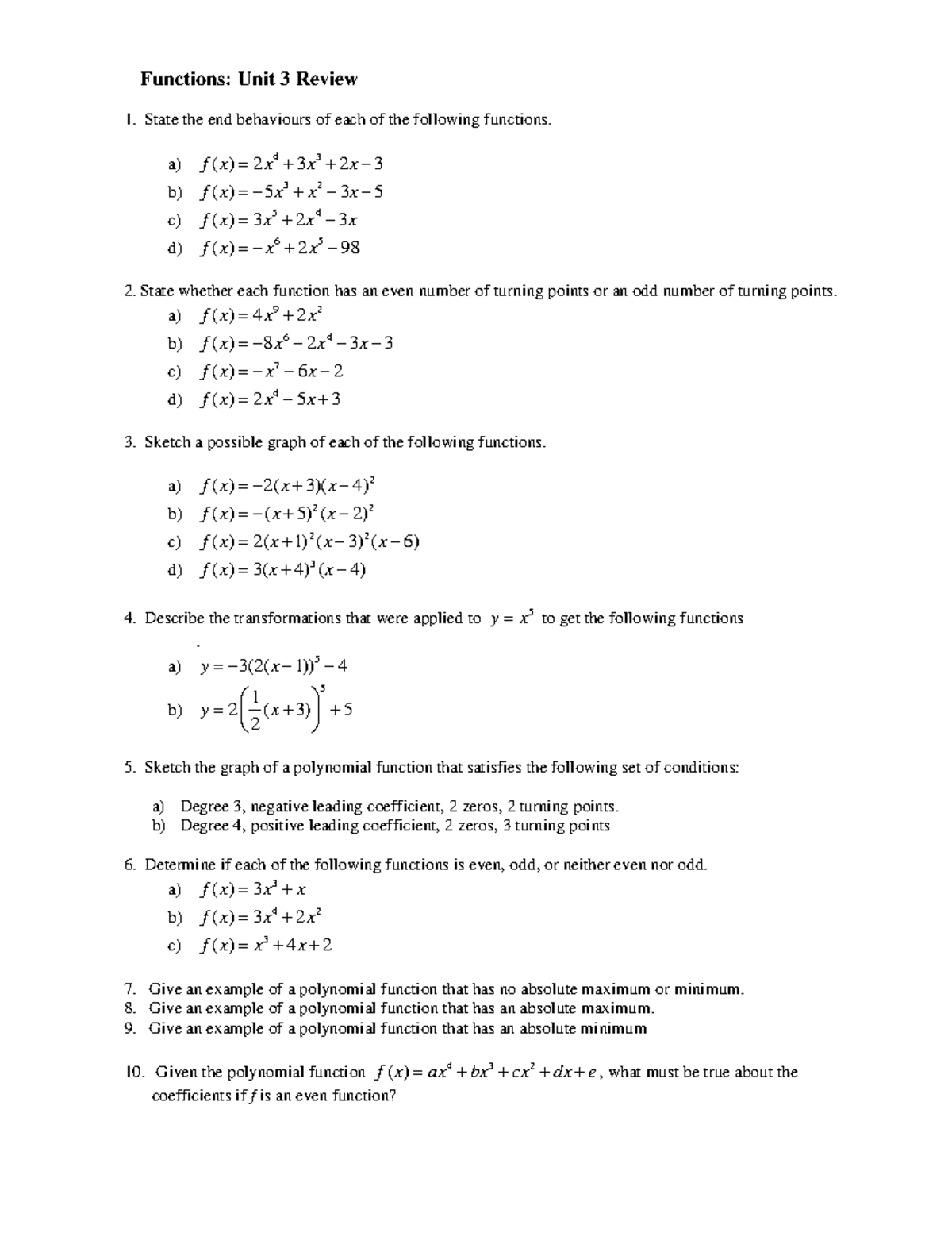 Functionsunit 3review Mcr3u Grade 11 - Functions: Unit 3 Review State ...