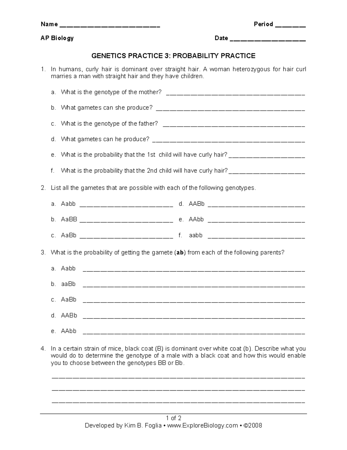 Genetics Problems 3 - Name _____________________________ AP Biology ...