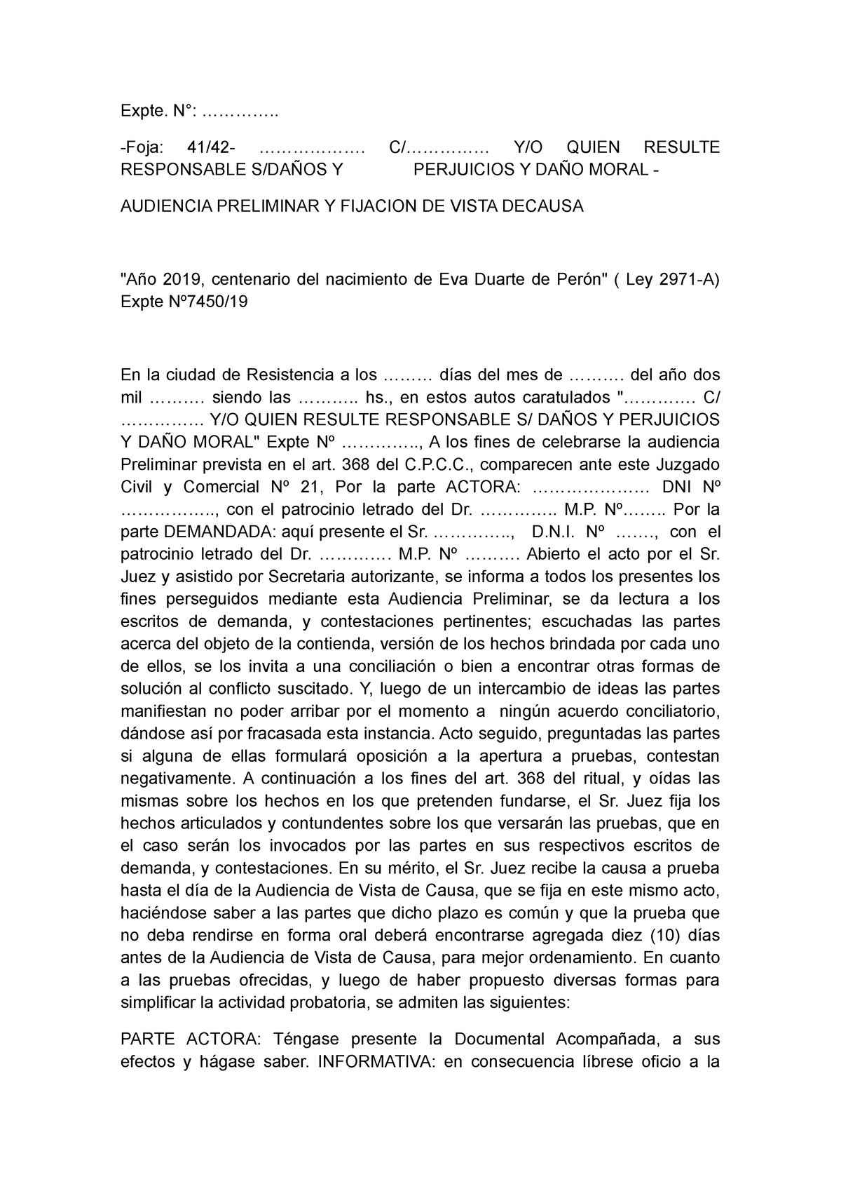 Acta De Audiencia Preliminar - Chaco - Expte. N°: .............. -Foja ...