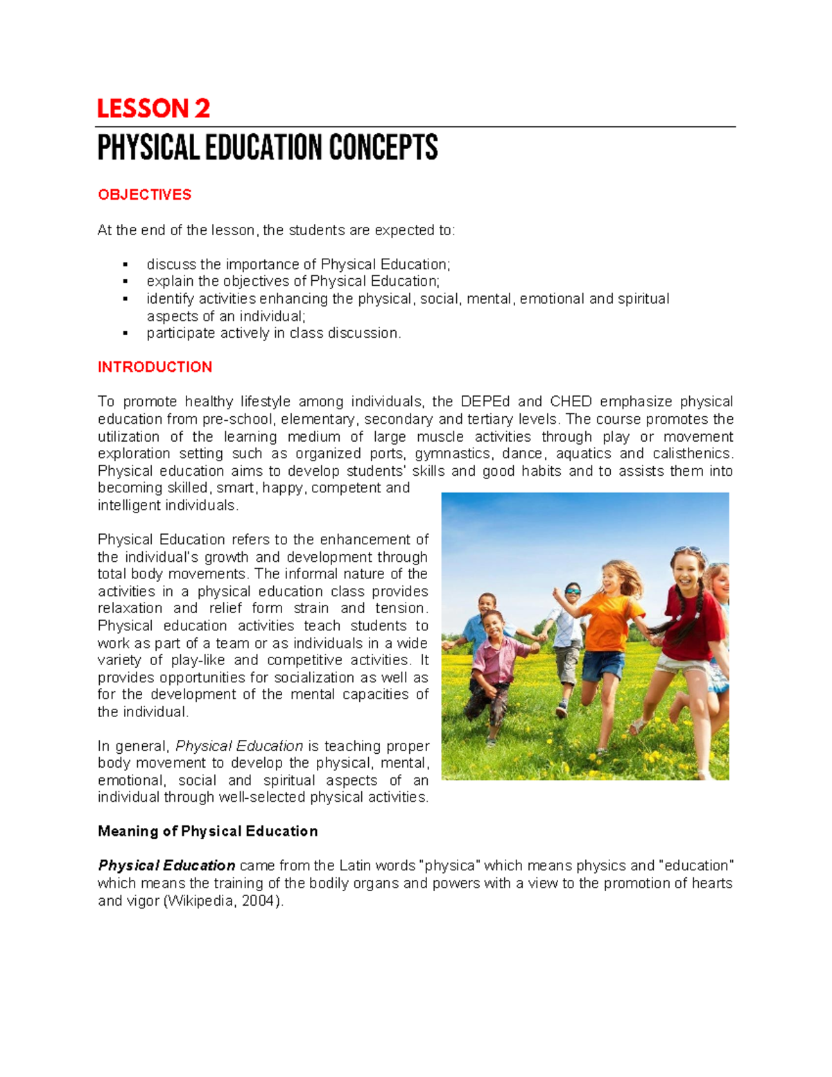 Lesson 2 - Physical Education Concepts - OBJECTIVES At the end of the ...