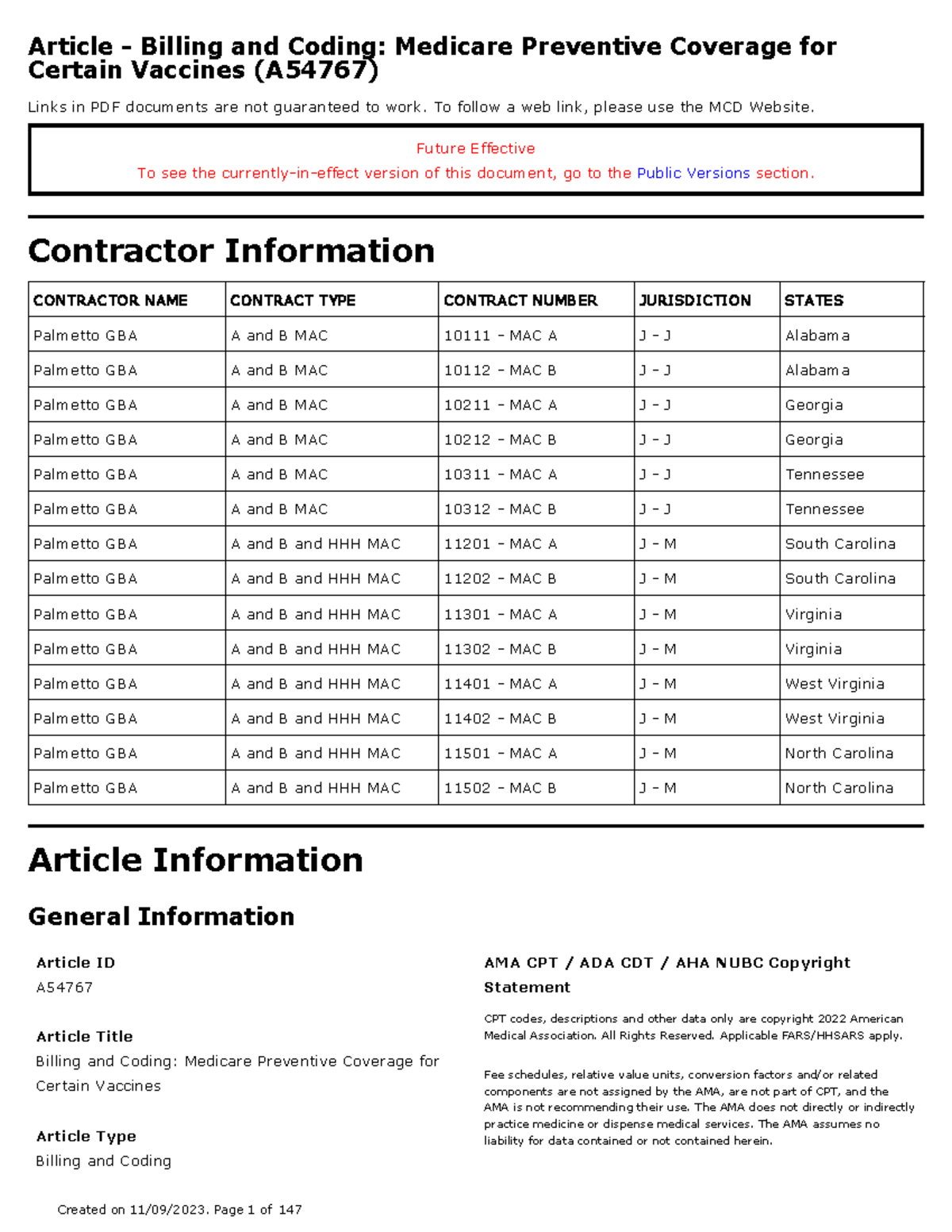 CMS Guideline 90471 Article Billing and Coding Medicare Preventive