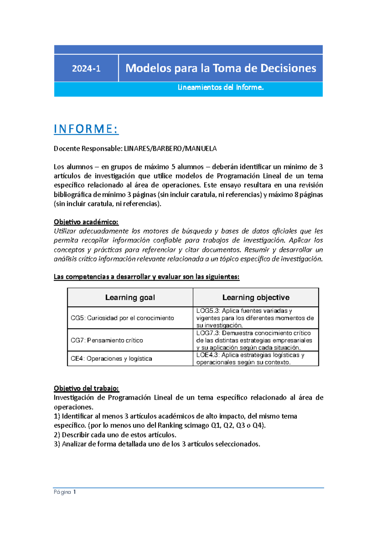 guia lineal de modelos y toma de decisiones - 2024 - 1 Modelos para la ...