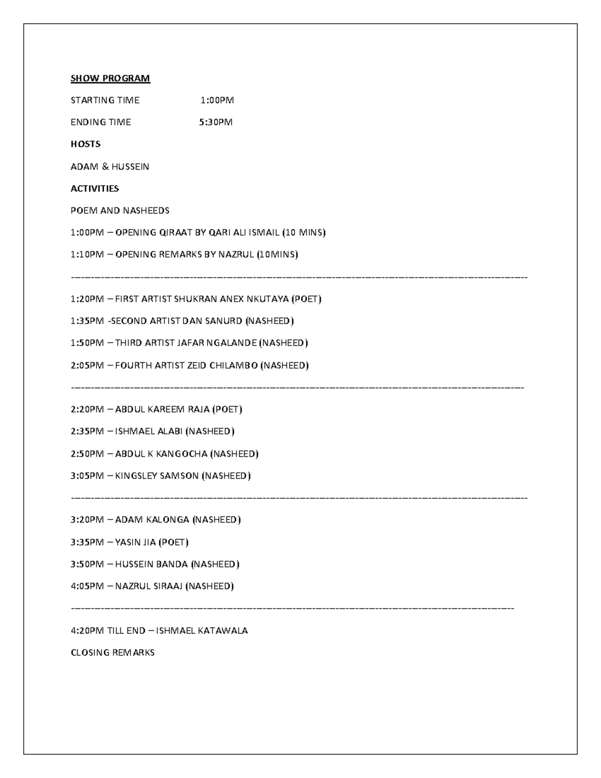 SHOW Program - this - SHOW PROGRAM STARTING TIME 1:00PM ENDING TIME 5 ...