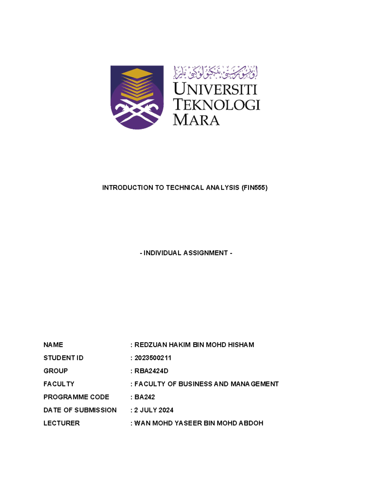 FIN555 Individual Final - INTRODUCTION TO TECHNICAL ANALYSIS (FIN555 ...