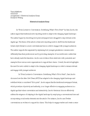 Rhetorical Analysis for Exigence - ENGL 3106 - Tenn State - Studocu
