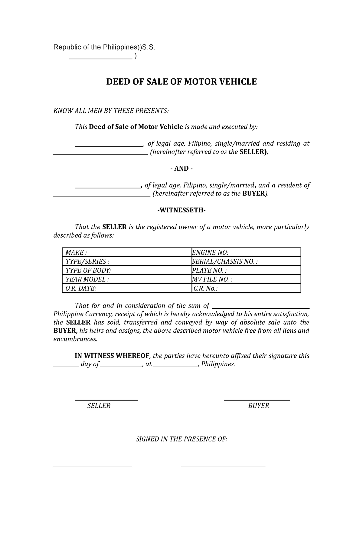 Deed of Sale of Motor Vehicle between buyer and seller - Republic of ...