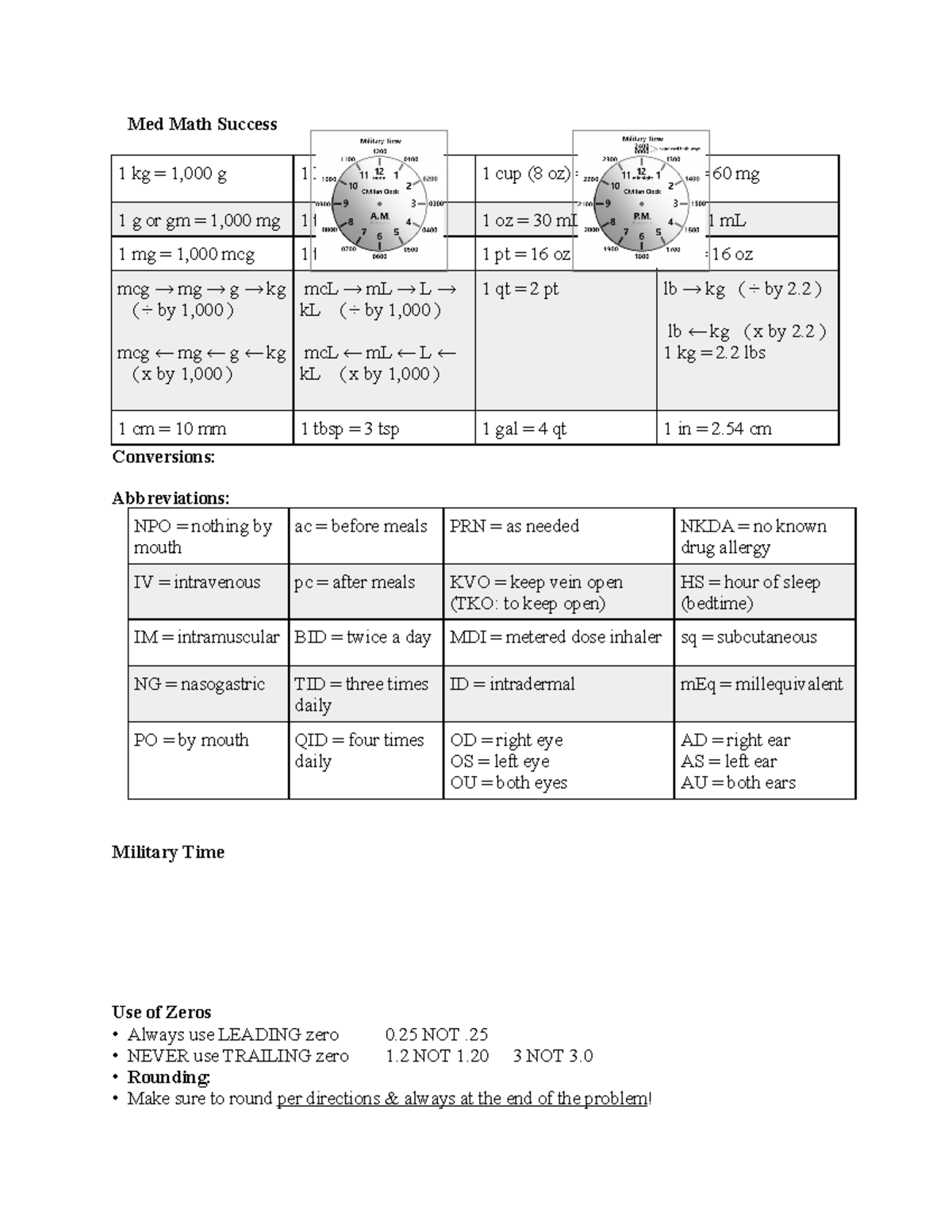 Med Math Success - Homeqork - Med Math Success 1 kg = 1,000 g 1 L ...
