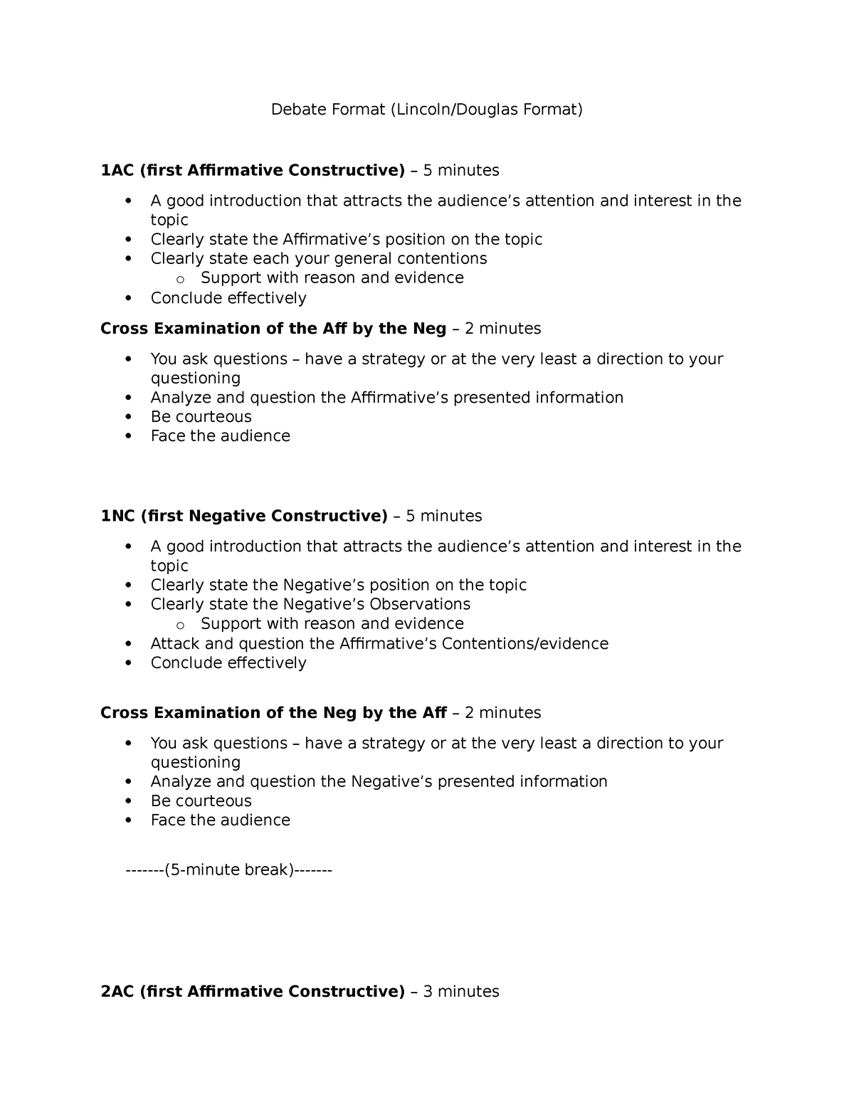 Debate Format Format Debate Format Lincolndouglas Format 1ac First Affirmative