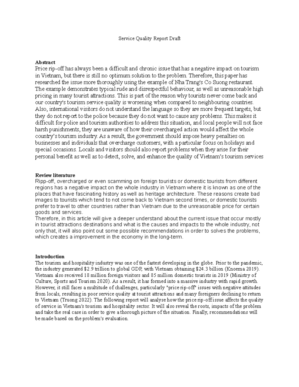 Service Quality Report Draft Service Quality Report Draft Abstract