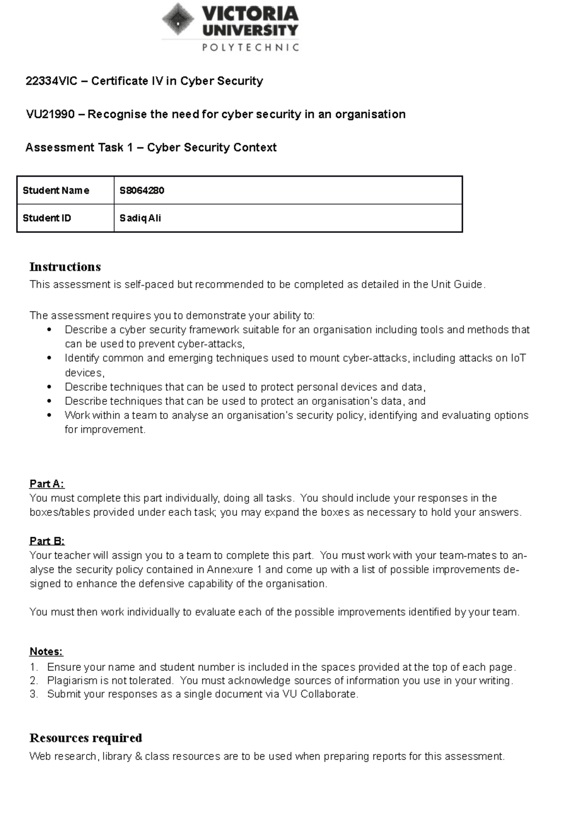 Assessment 1 v1.3 cyber secuirty 22334VIC Certificate IV in Cyber Security VU21990
