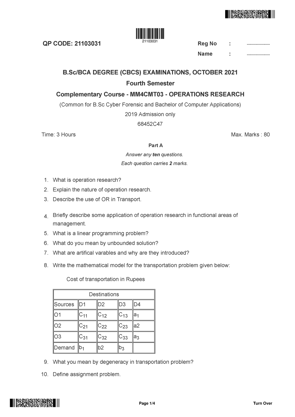 question paper of operation research