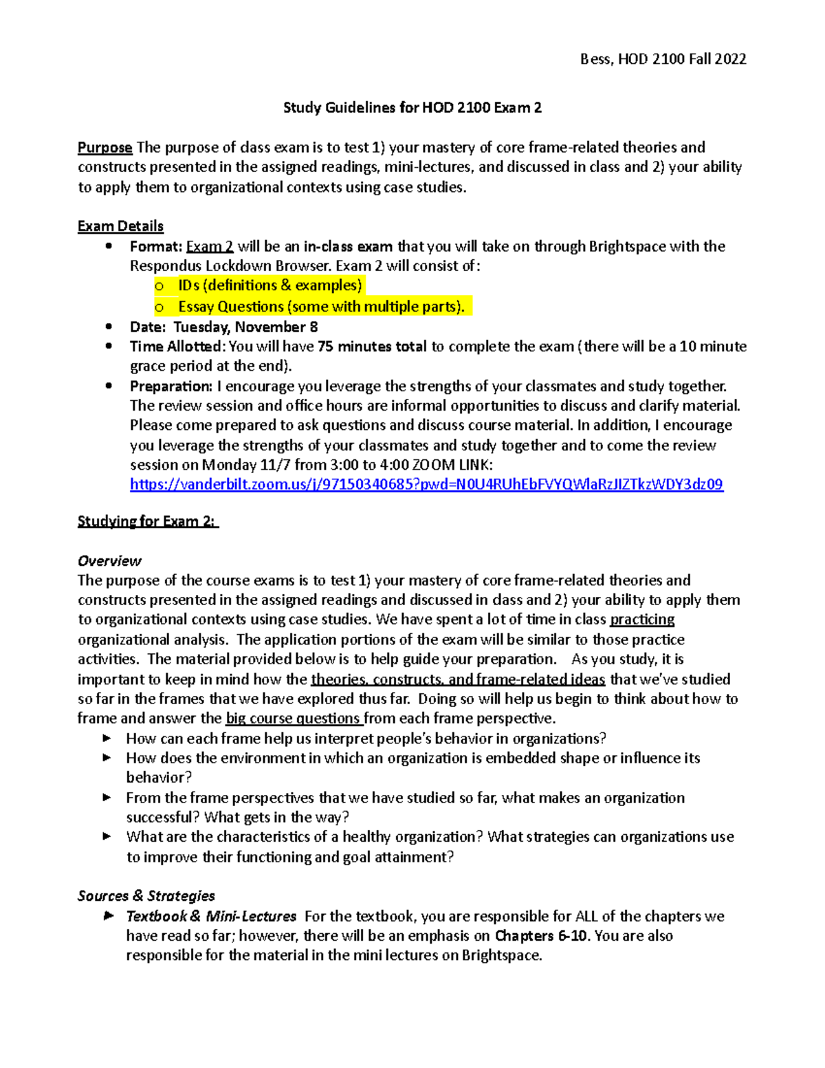Exam2 Guidelines 2 exam 2 topics Bess, HOD 2100 Fall 2022 Study