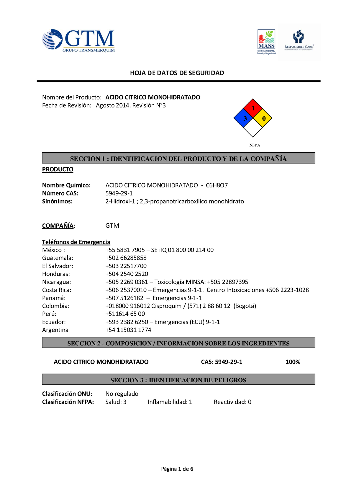 Ácido cítrico - Información sobre la seguridad química