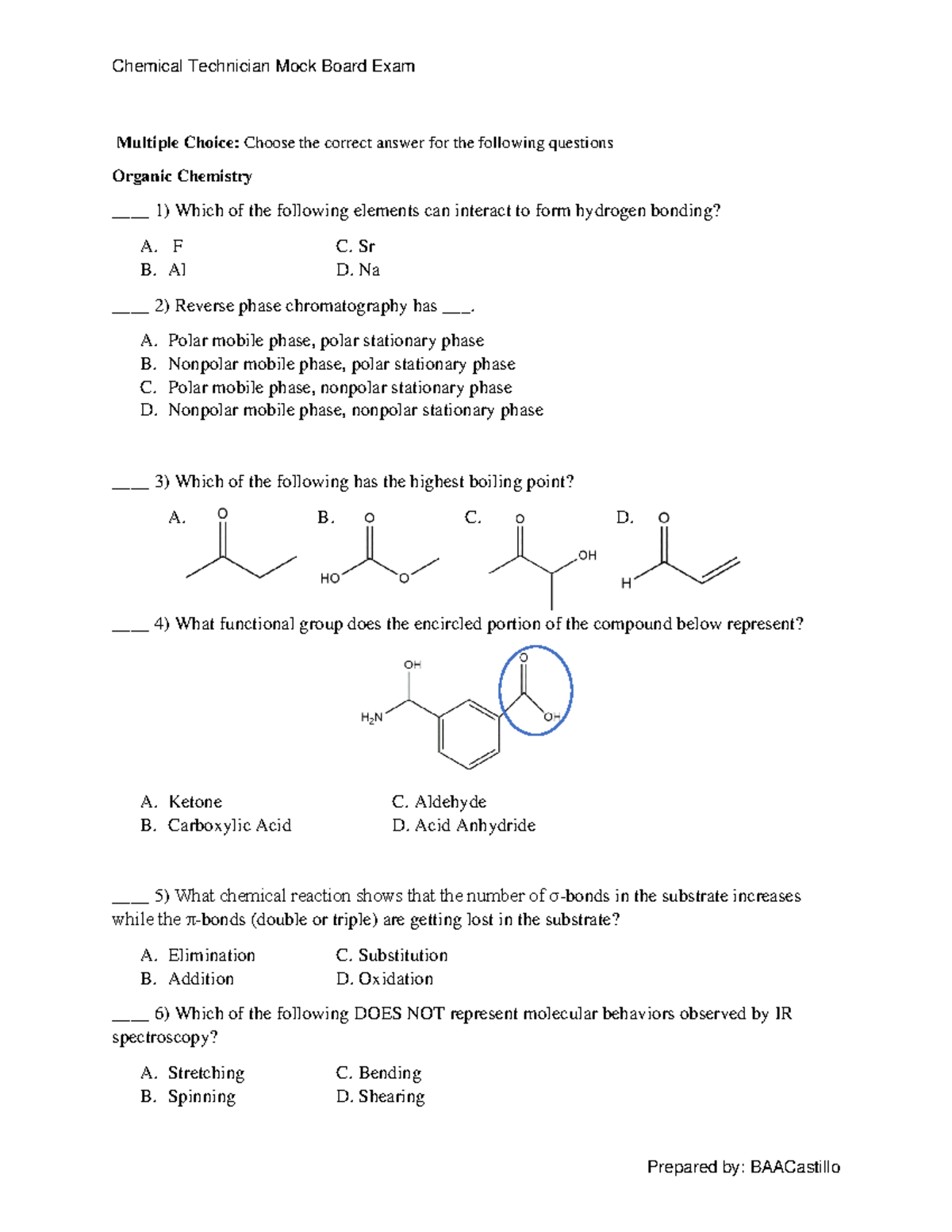 Organic Chemistry Chem Tech Examination Multiple Choice Choose the