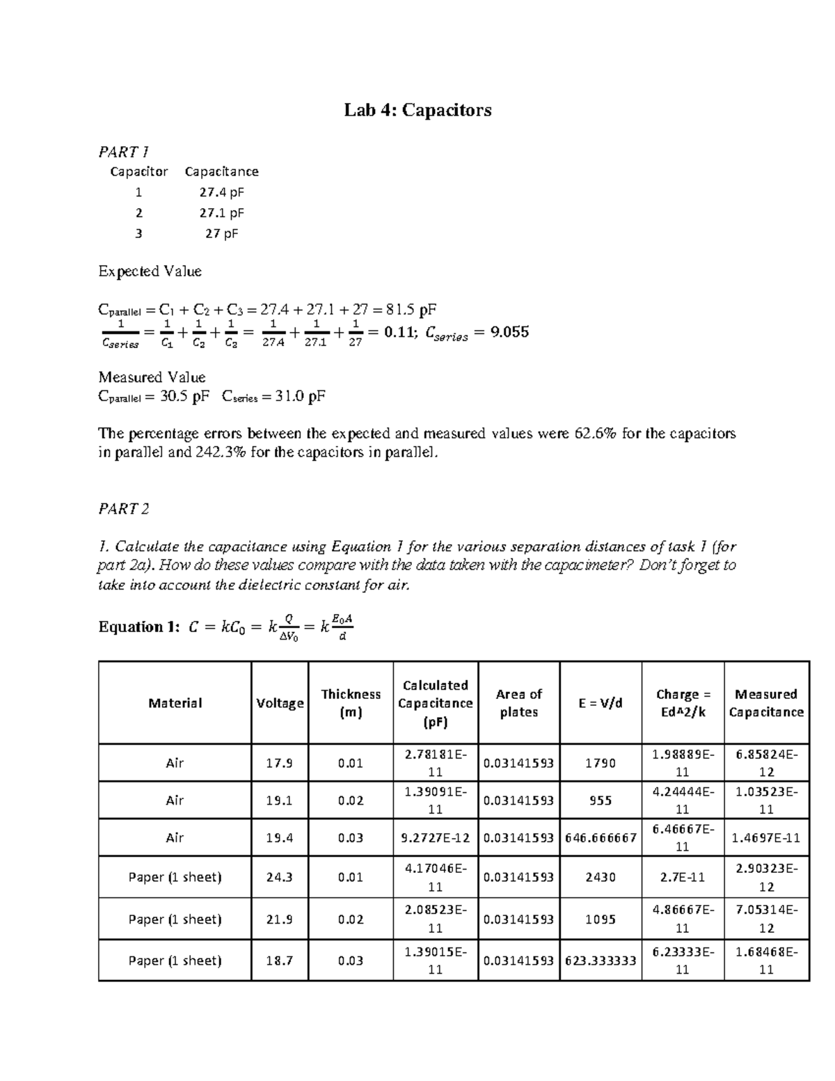 Lab 4 Capacitors Lab Report Lab 4 Capacitors PART 1 Capacitor