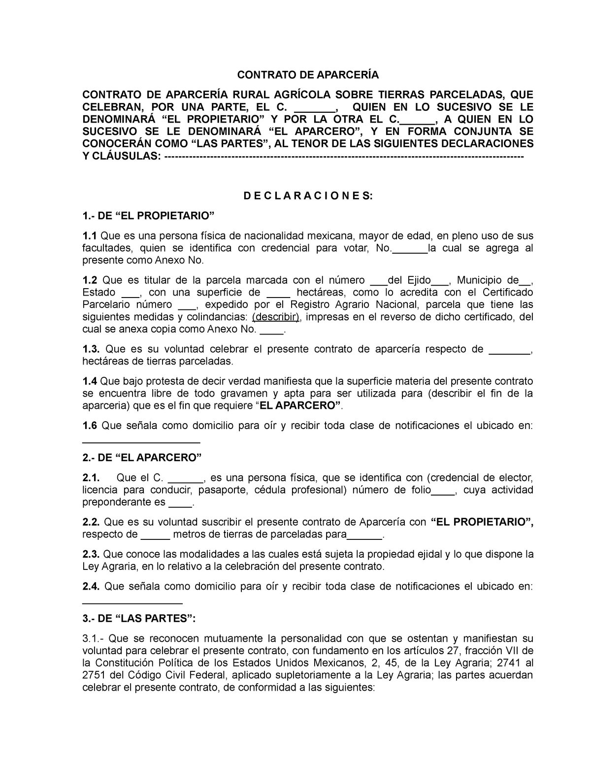 Modelos DE Contratos - CONTRATO DE APARCERÍA CONTRATO DE APARCERÍA ...