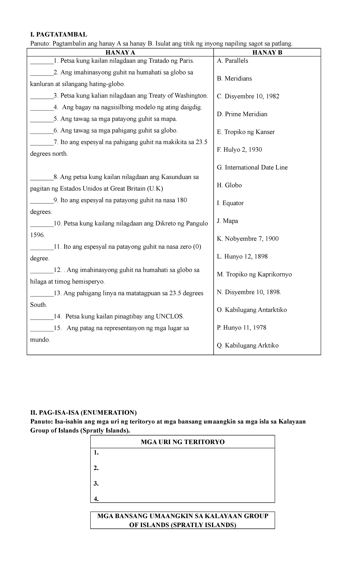 AP 6 - Assessment - I. PAGTATAMBAL Panuto: Pagtambalin Ang Hanay A Sa ...