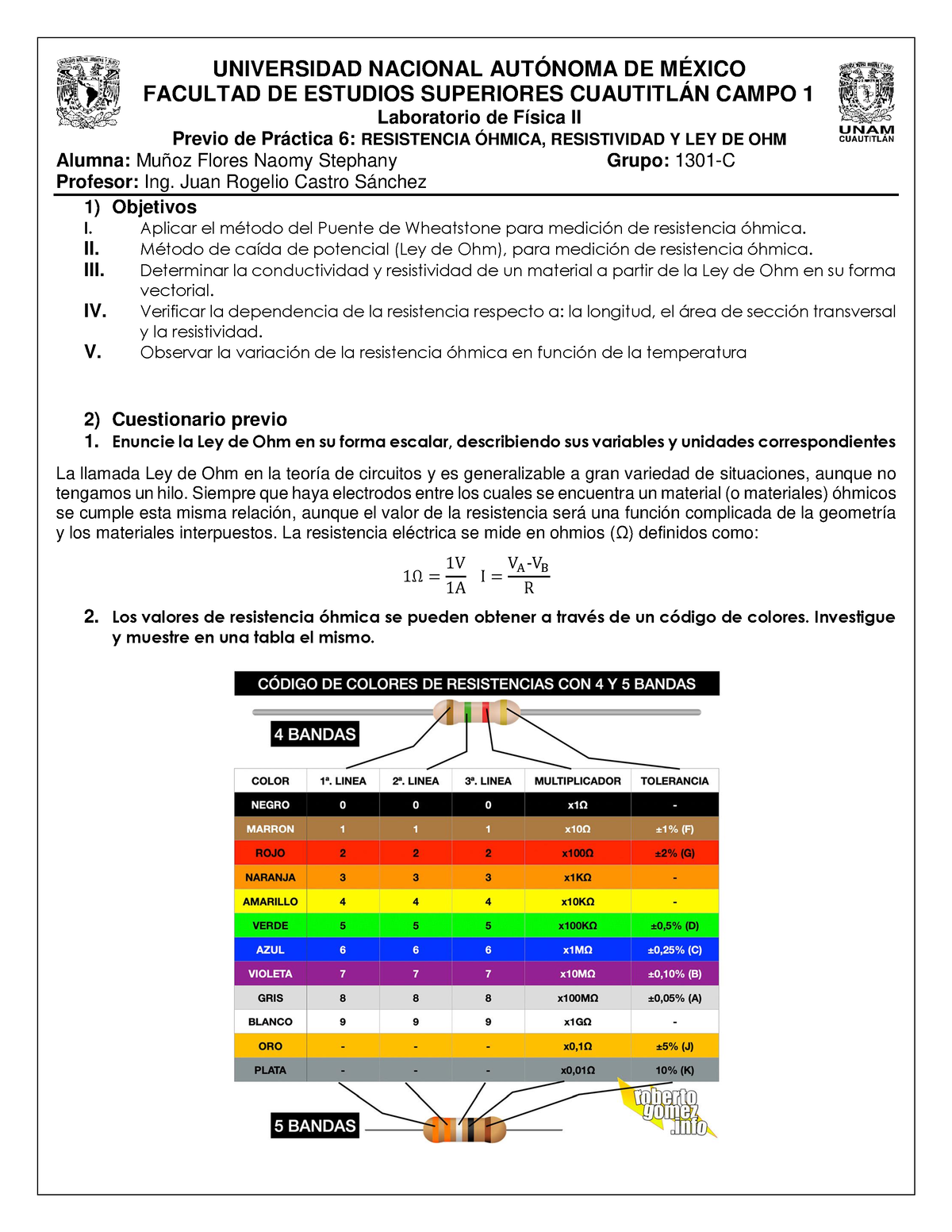 Previo Práctica 6- Resistencia Óhmica, Resistividad Y LEY DE OHM Muñoz ...