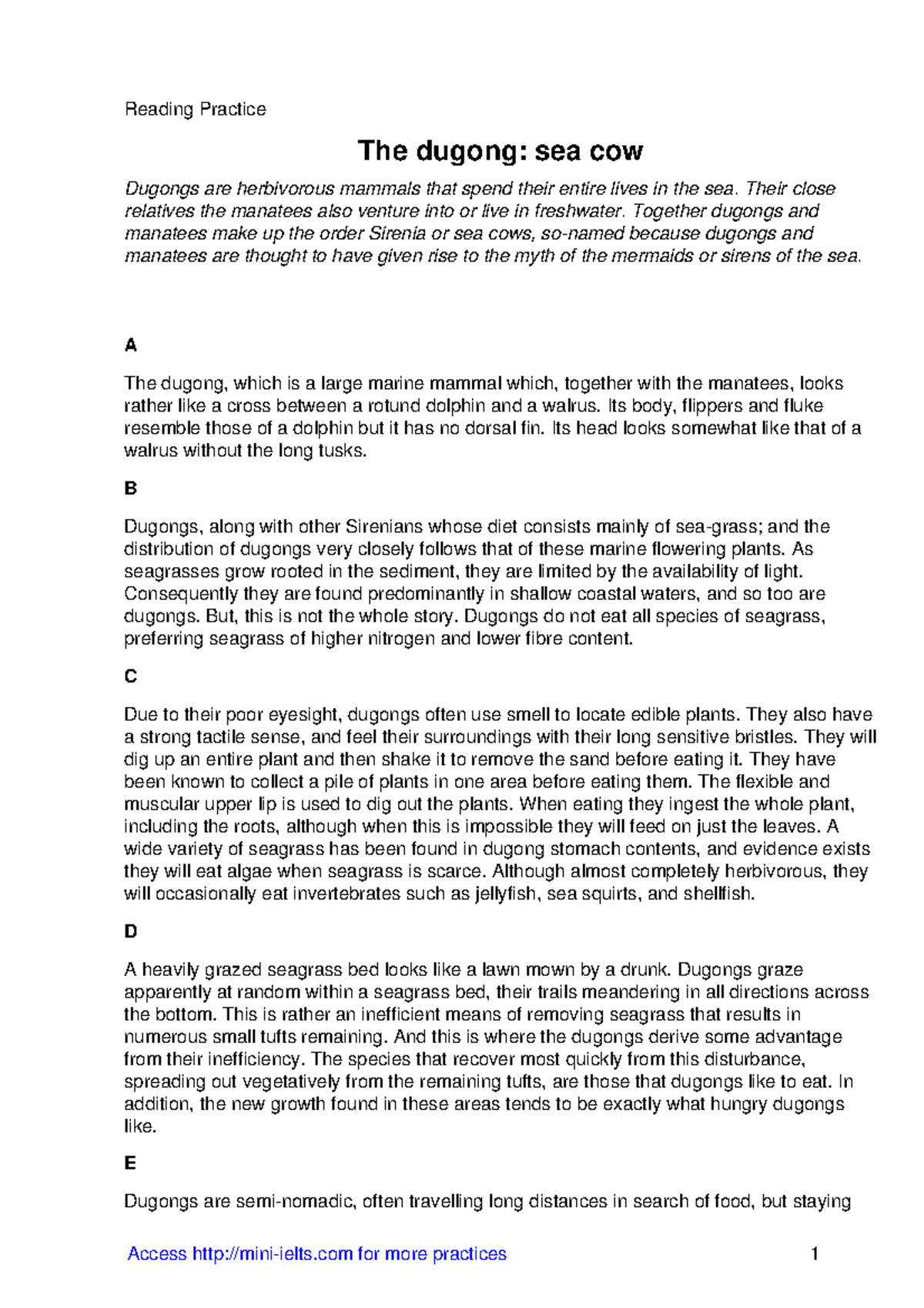 The dugong sea cow - It is a Reading Test - Reading Practice The dugong