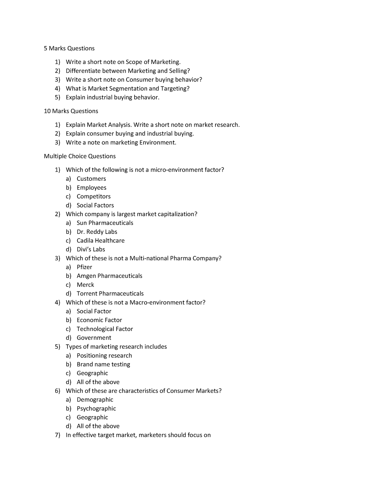 Markeking Questions - 5 Marks Questions Write a short note on Scope of ...