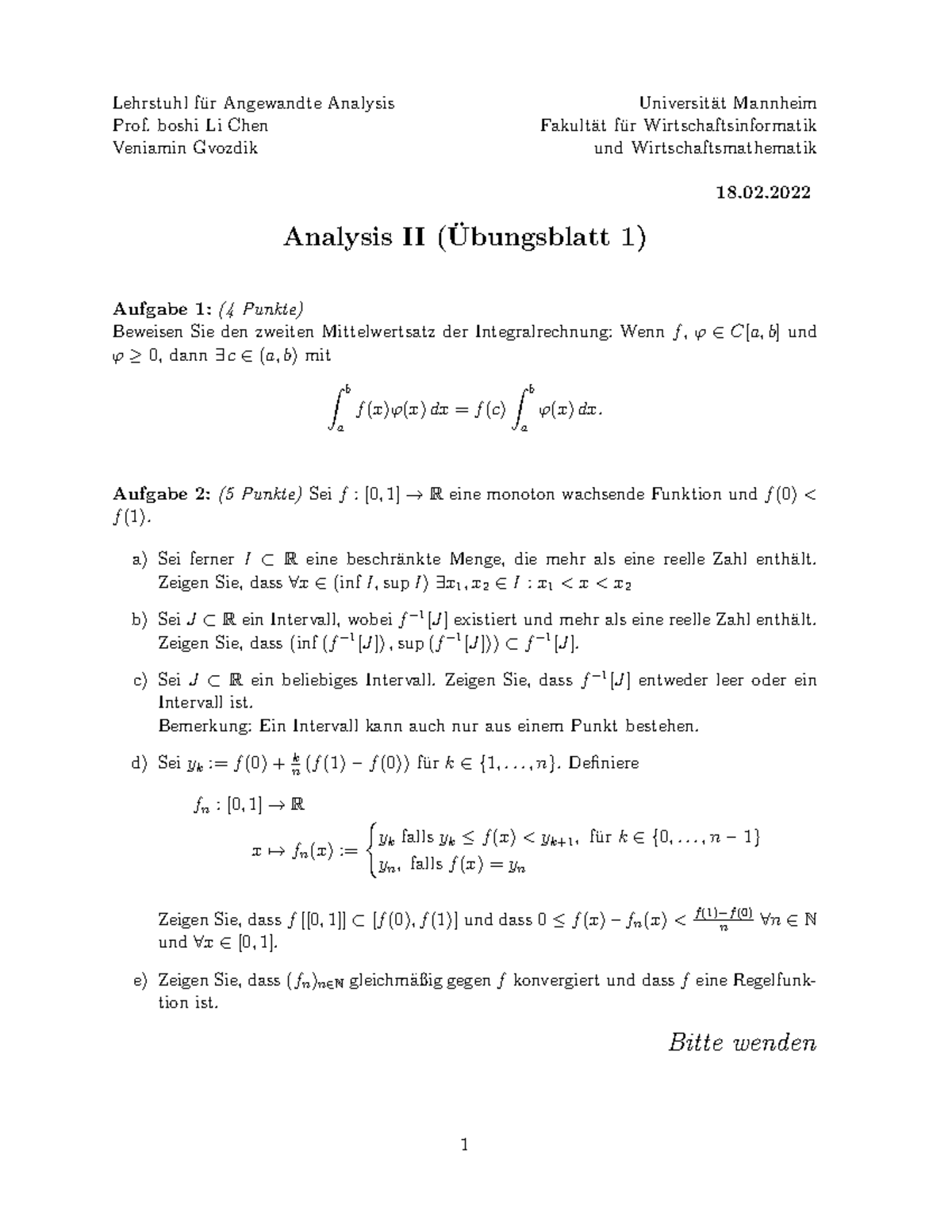 Uebungsblatt 01 Übungsblatt Analysis Ii Lehrstuhl F ̈ur Angewandte Analysis Universit ̈at