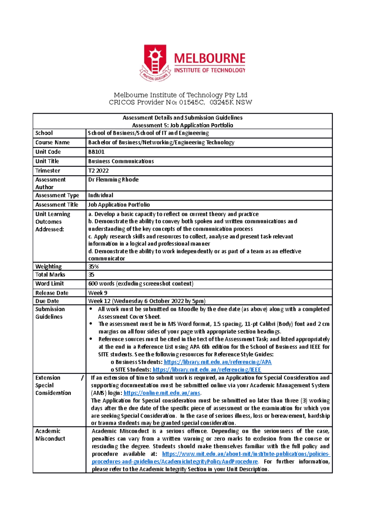 BB101 Job Application Portfolio (Individual) (1) (2) - Melbourne ...