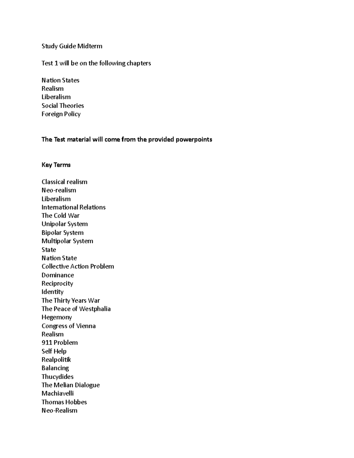 Midterm study Guide - Study Guide Midterm Test 1 will be on the ...
