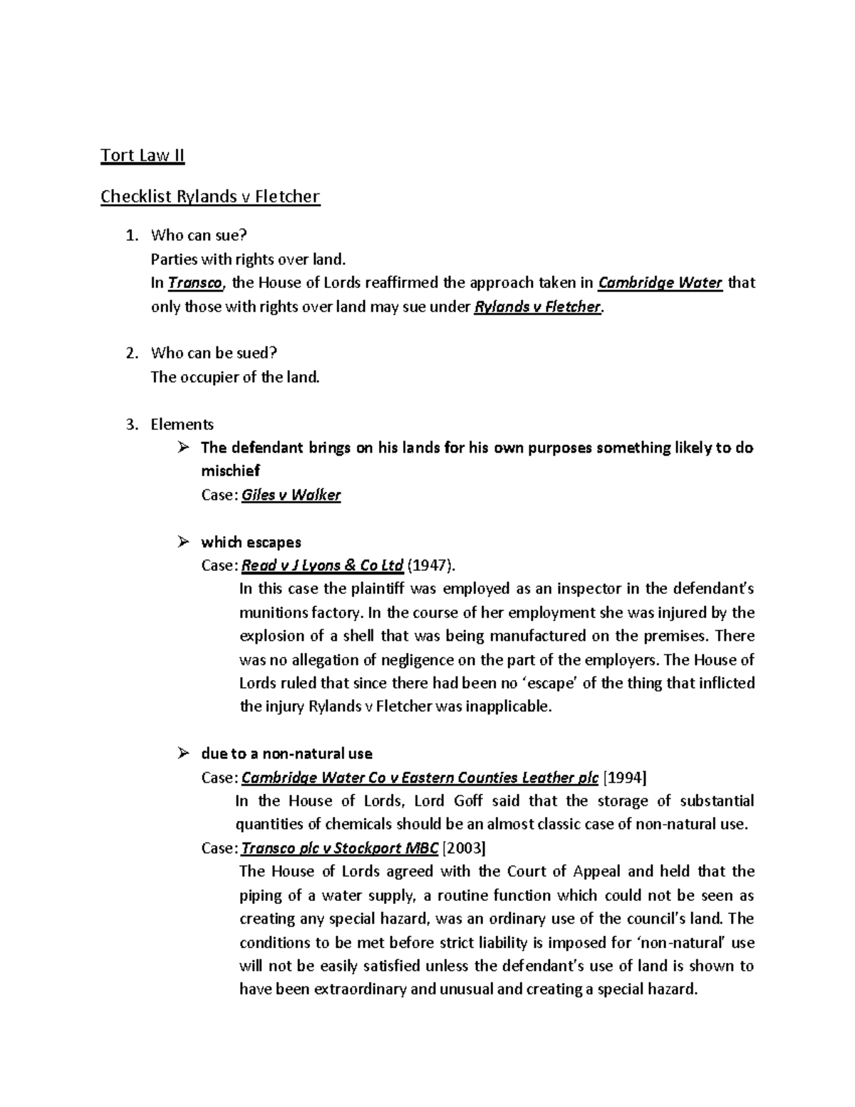 Checklist for Rylands v Fletcher - Tort Law II Checklist Rylands v ...