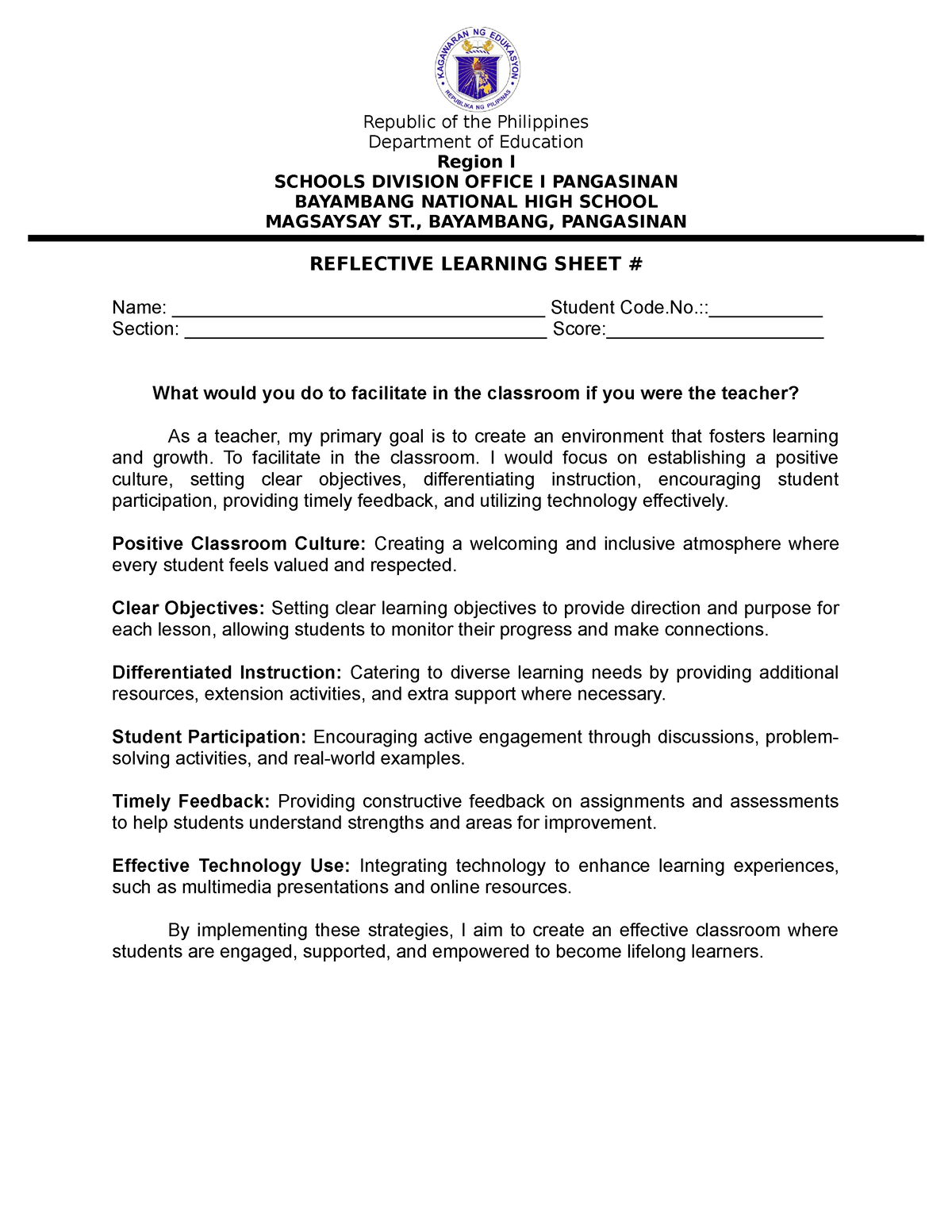 Reflection Sheet - Republic of the Philippines Department of Education ...