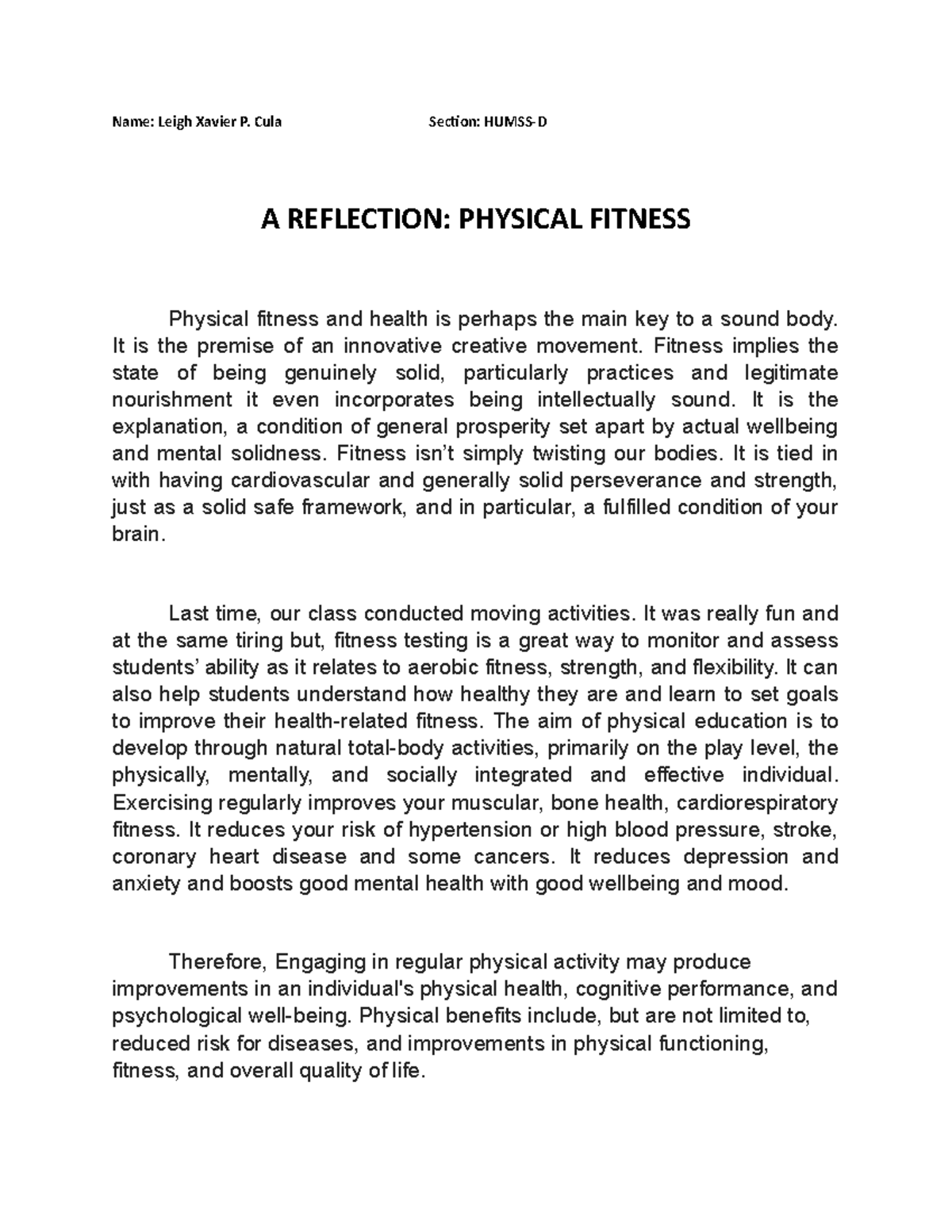 Reflection assignment Name Leigh Xavier P. Cula Section HUMSSD A