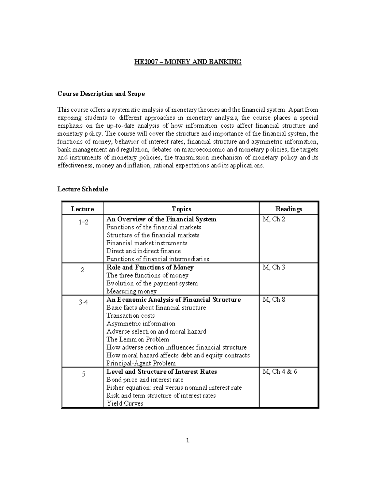 HE2007 outline20S1 Outline of what's to come 1 HE2007 MONEY AND