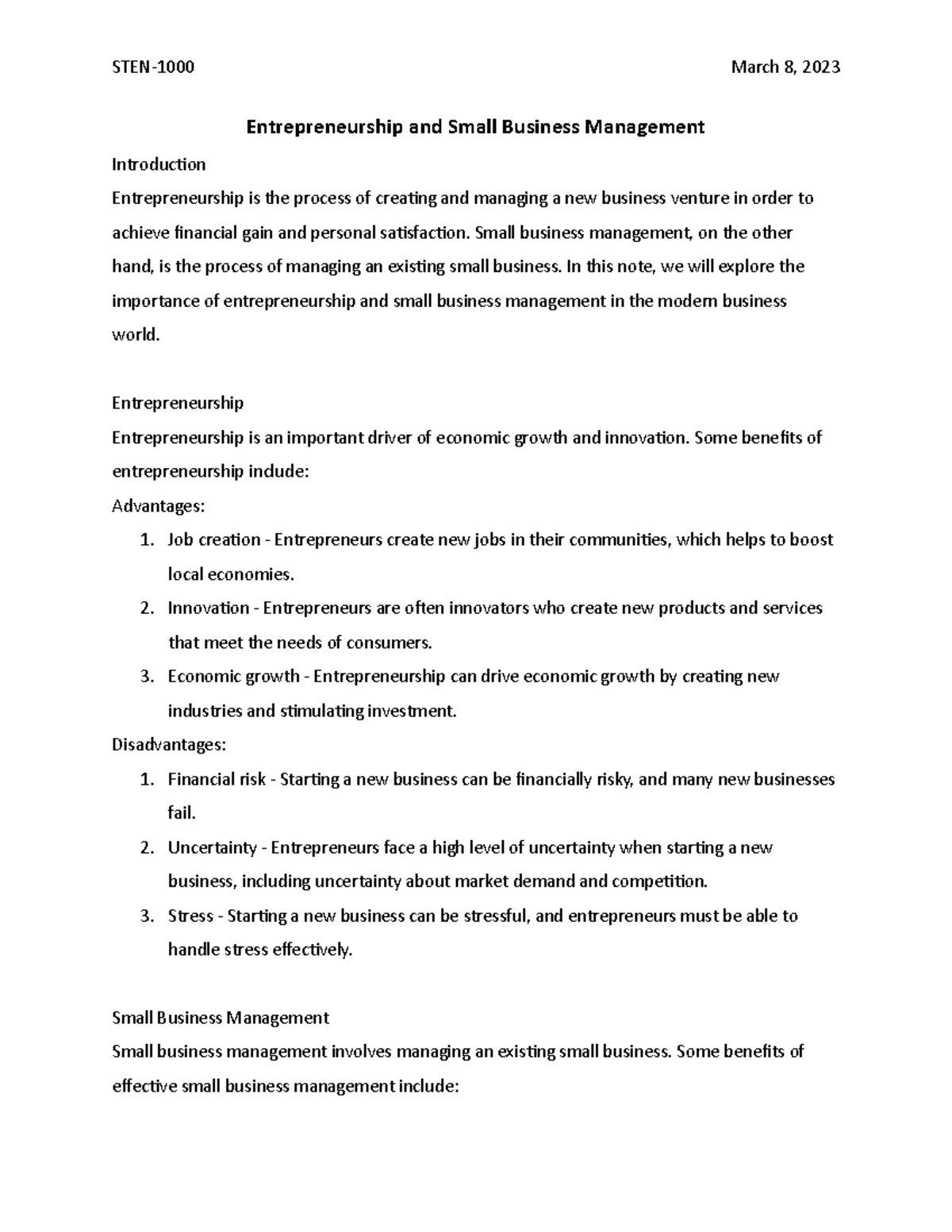 entrepreneurship and small business management hnd assignment