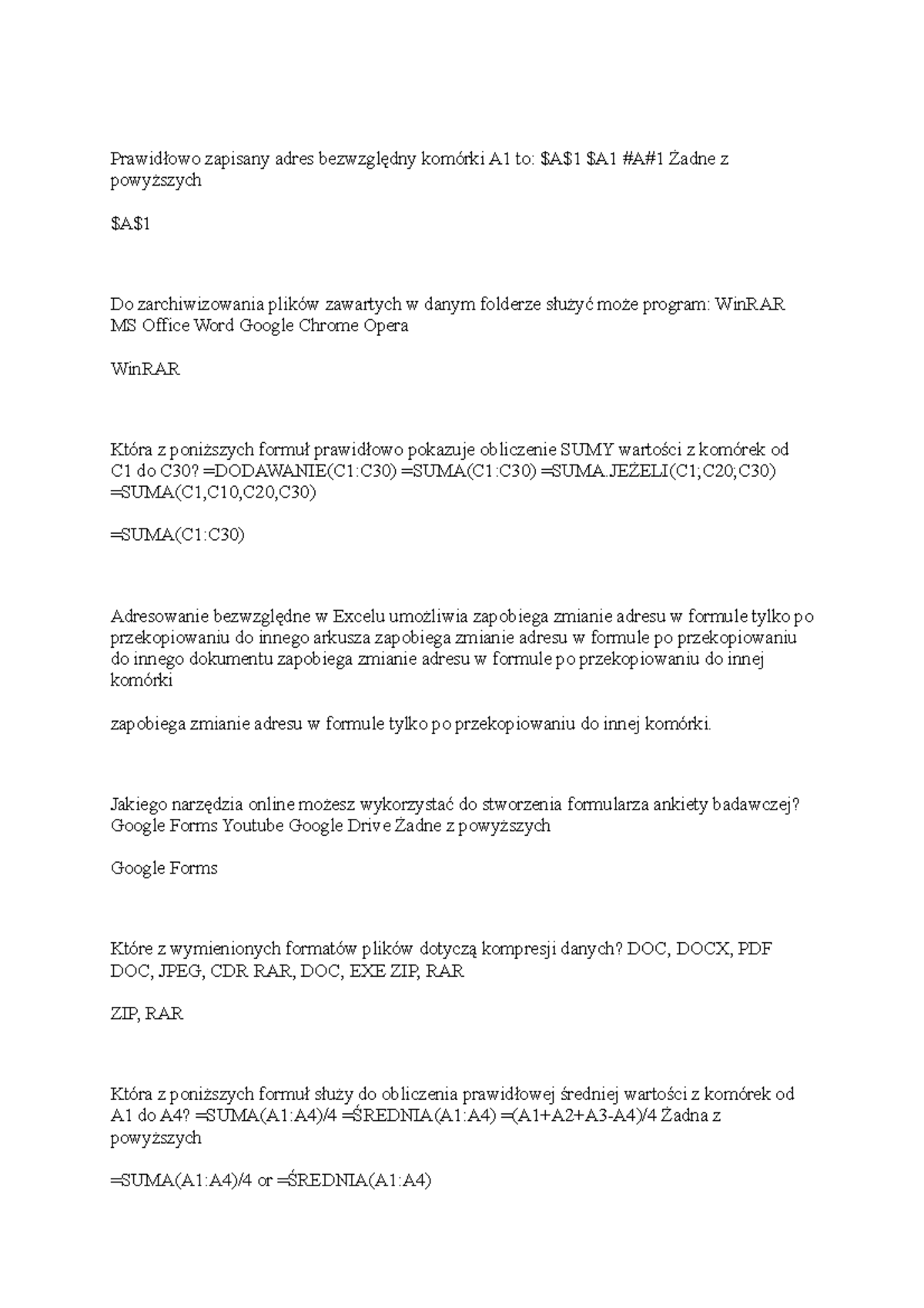 Sprawdzian Excel - przykładowy - Prawidłowo zapisany adres bezwzględny