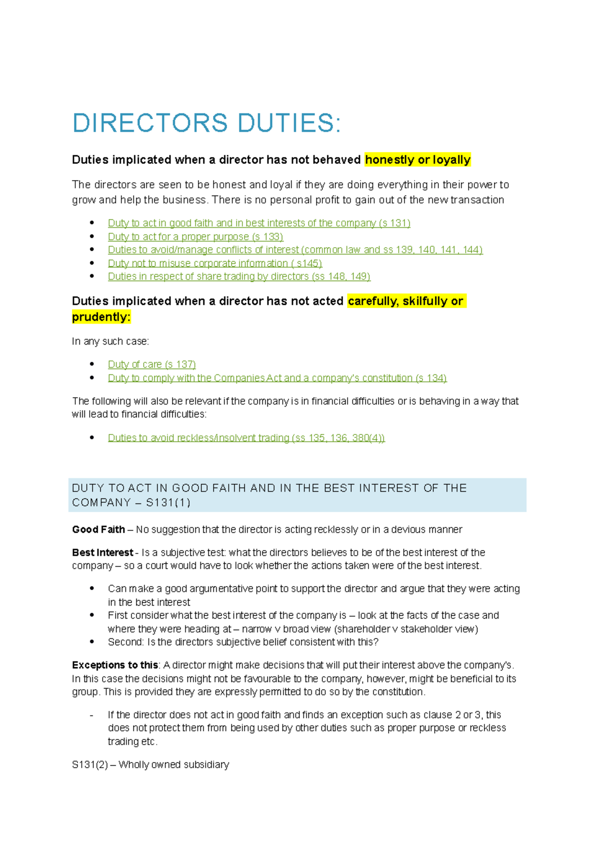 Directors Duties Road Map - DIRECTORS DUTIES: Duties implicated when a ...