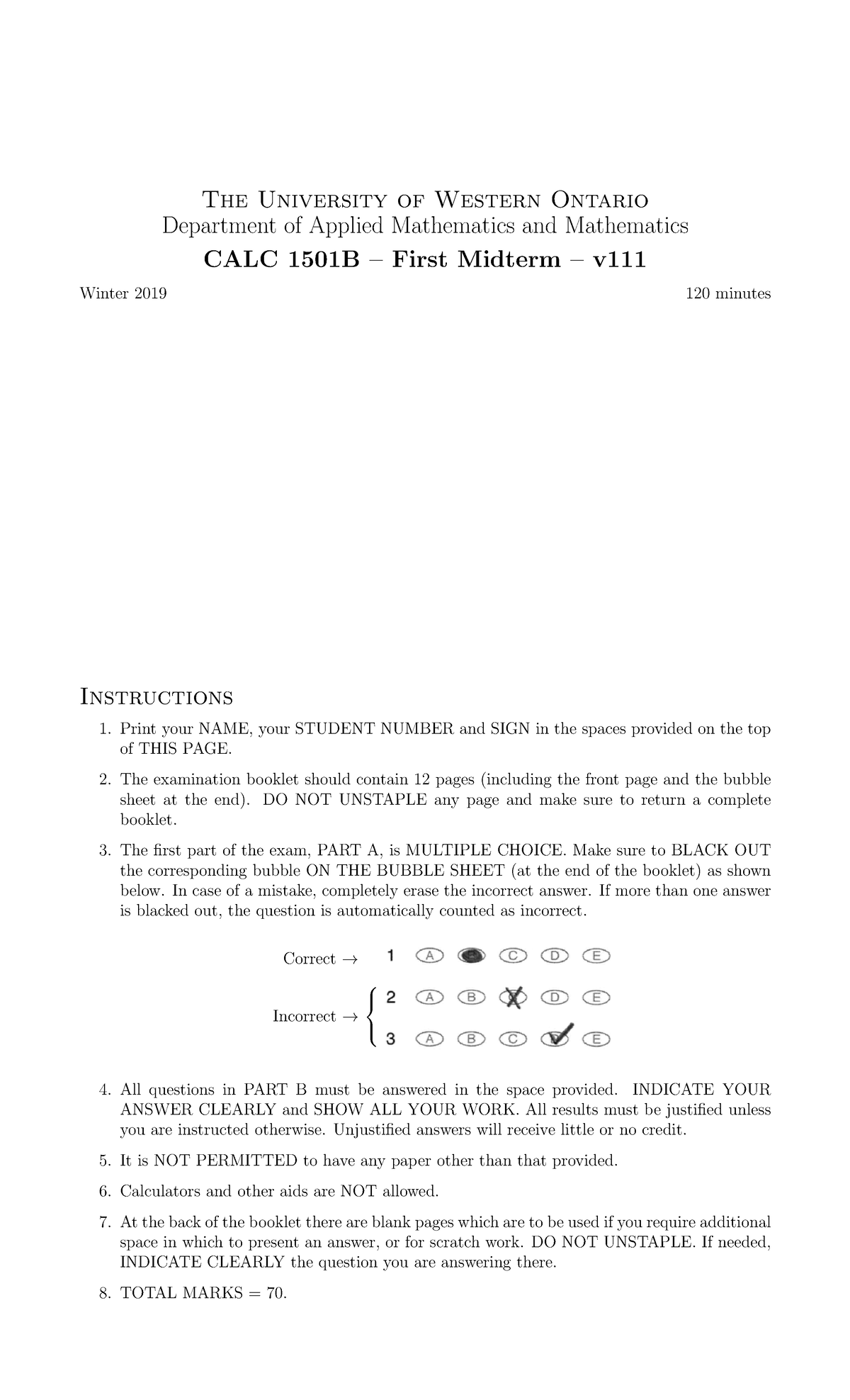 CALC1501 - Midterm 1 with Solutions - 2019 - The University of Western ...