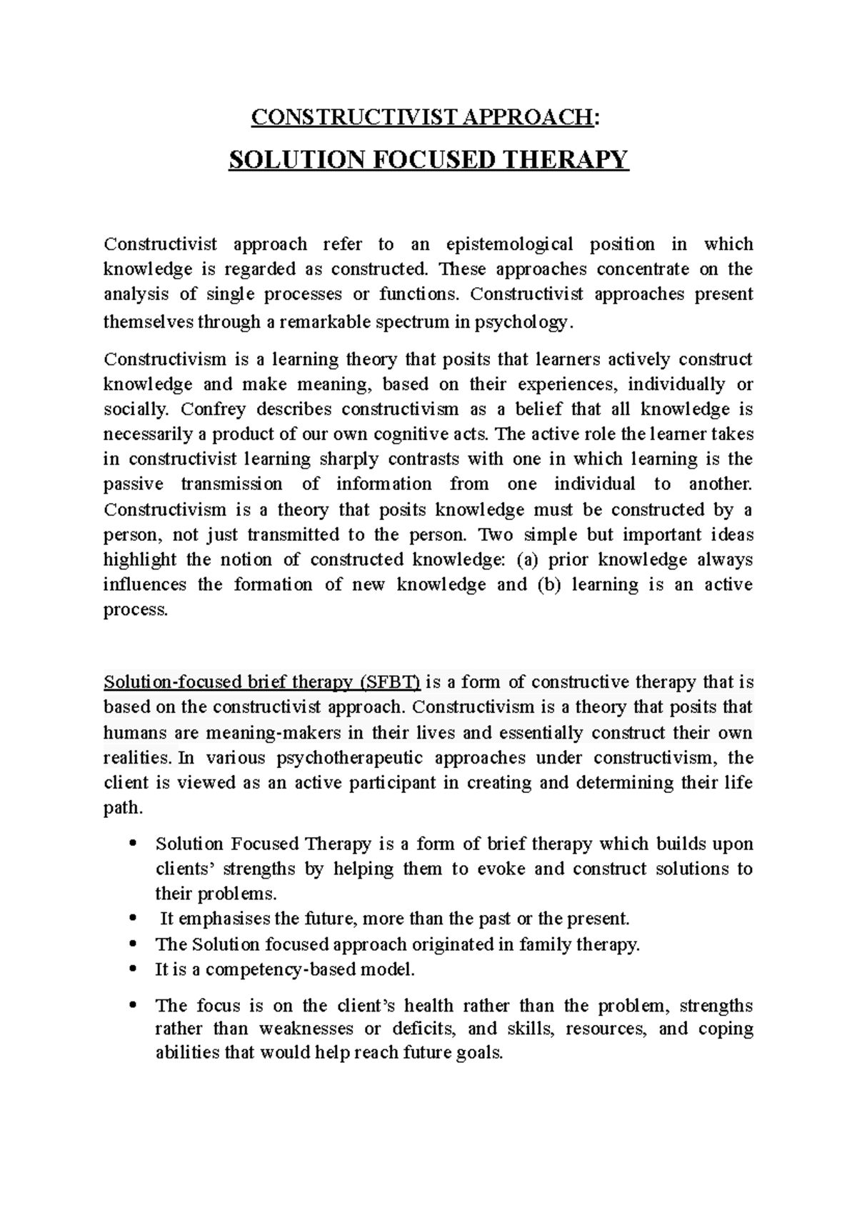 Psychotherapy Assignment hard copy - CONSTRUCTIVIST APPROACH: SOLUTION ...