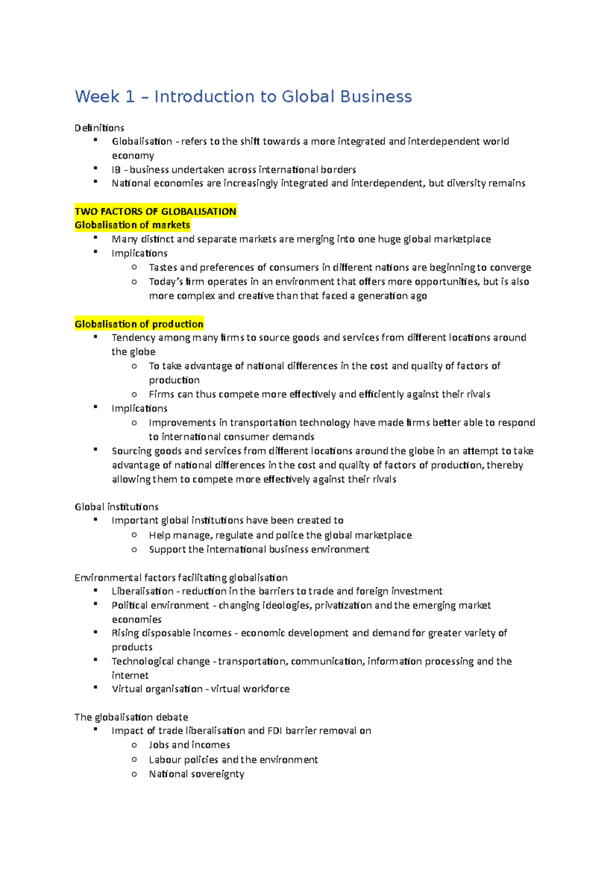 Study Notes - Week 1 – Introduction to Global Business Definitions ...