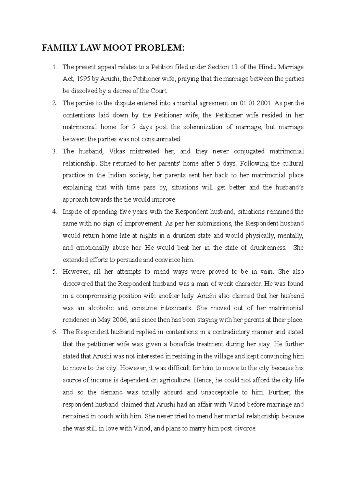 MOOT Problem 1 - FAMILY LAW MOOT PROBLEM: 1. The present appeal relates ...