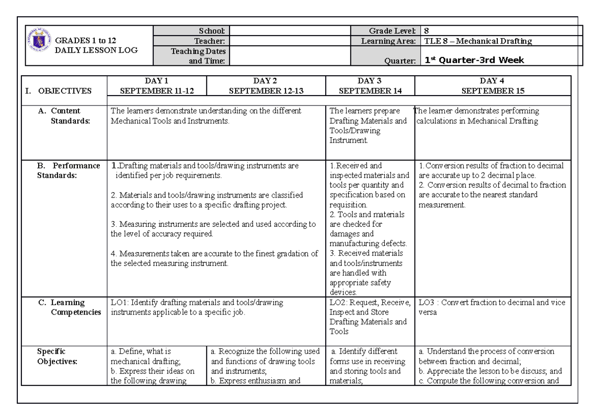 Q1-W3 - DLL - GRADES 1 to 12 DAILY LESSON LOG School: Grade Level: 8 ...