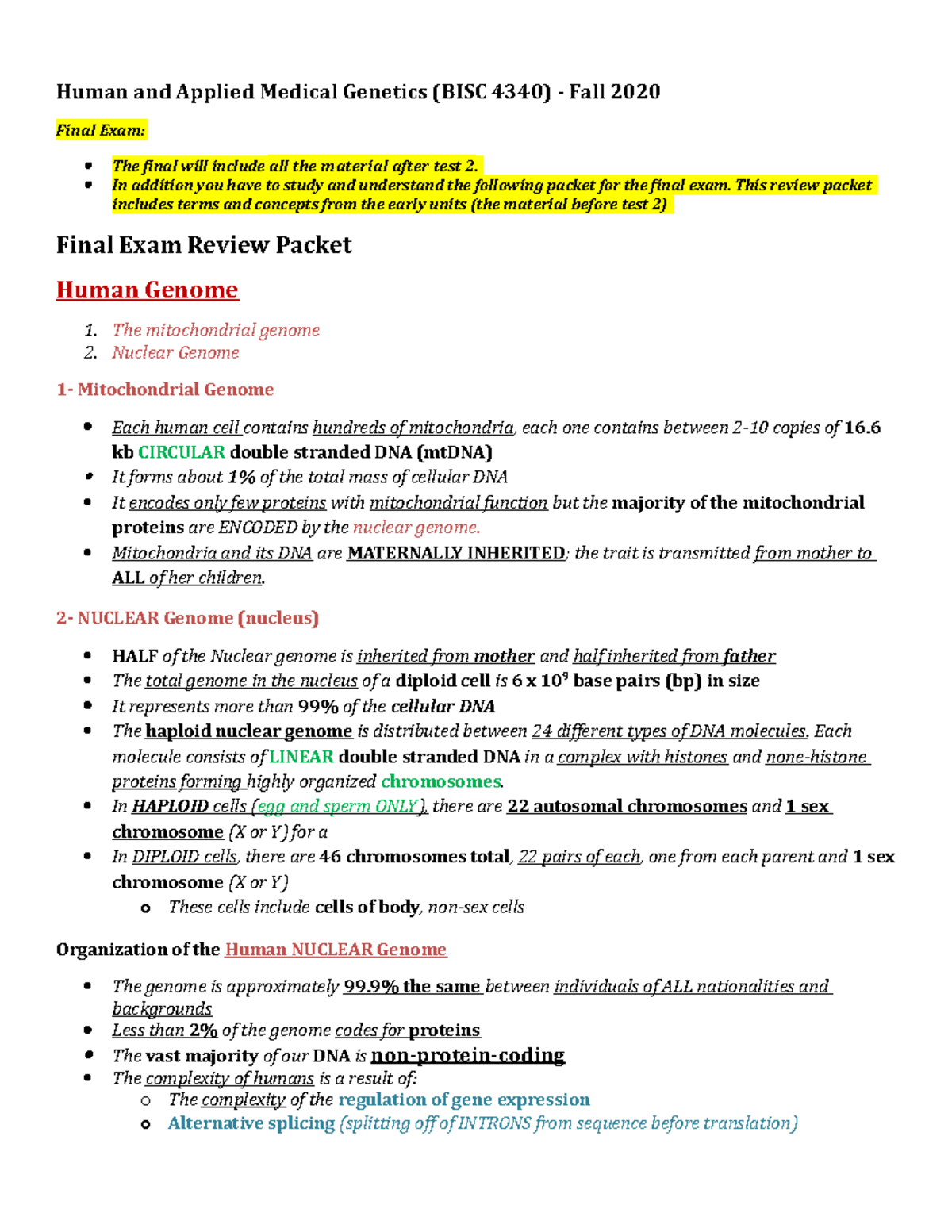 Genetics Final Exam Study Guide - Human and Applied Medical Genetics ...