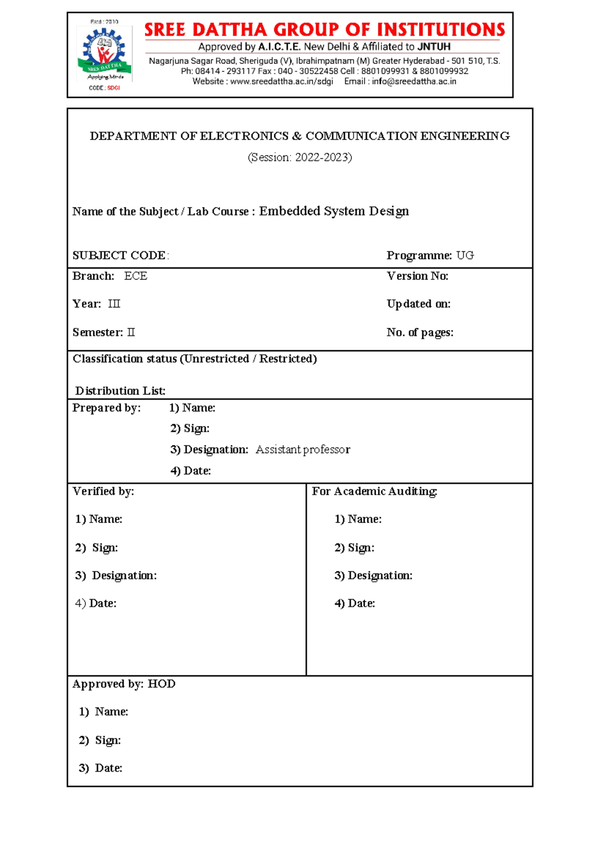 Course file contents - DEPARTMENT OF ELECTRONICS & COMMUNICATION ...