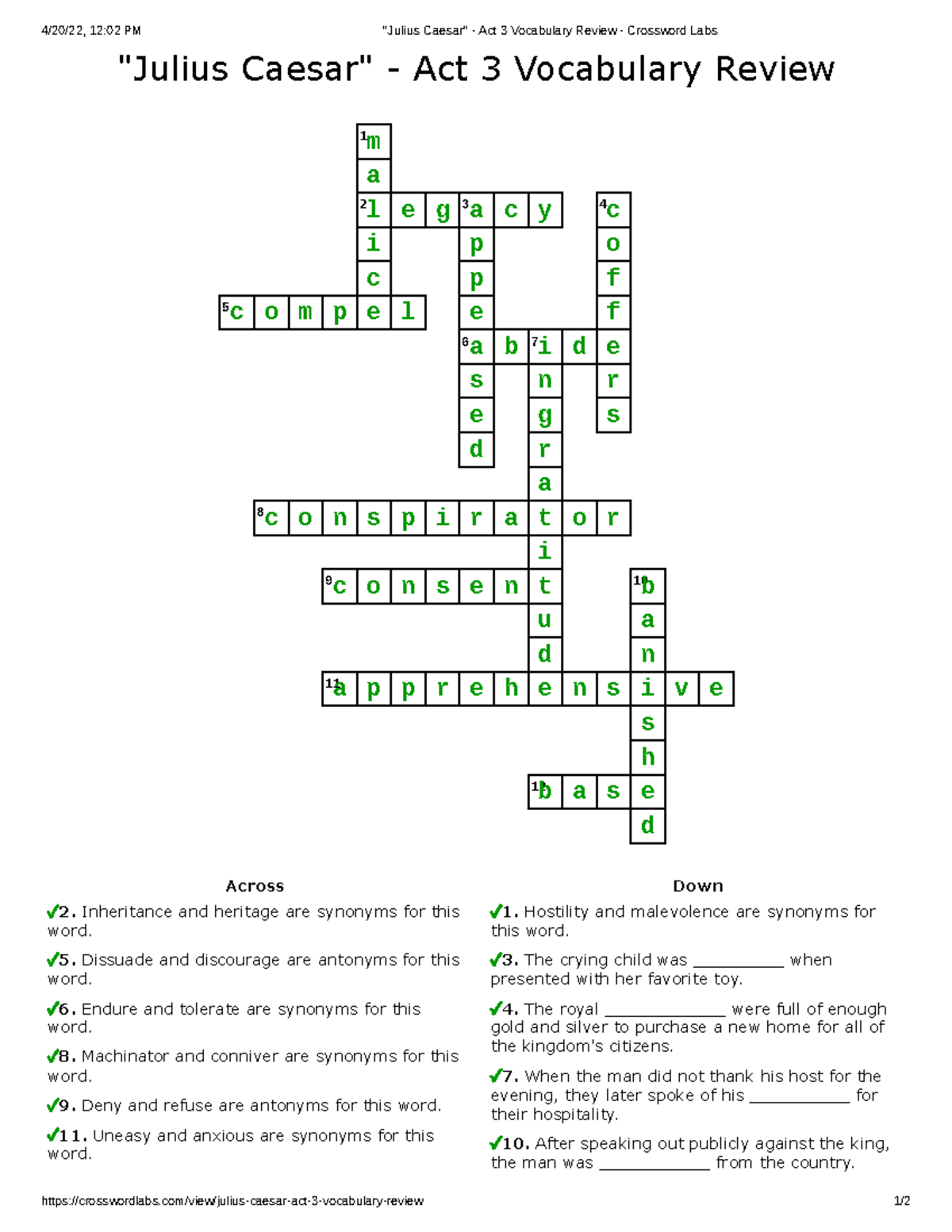 Julius Caesar Act 3 Vocabulary Review Crossword Labs 4/20/22, 1202 PM "Julius Studocu