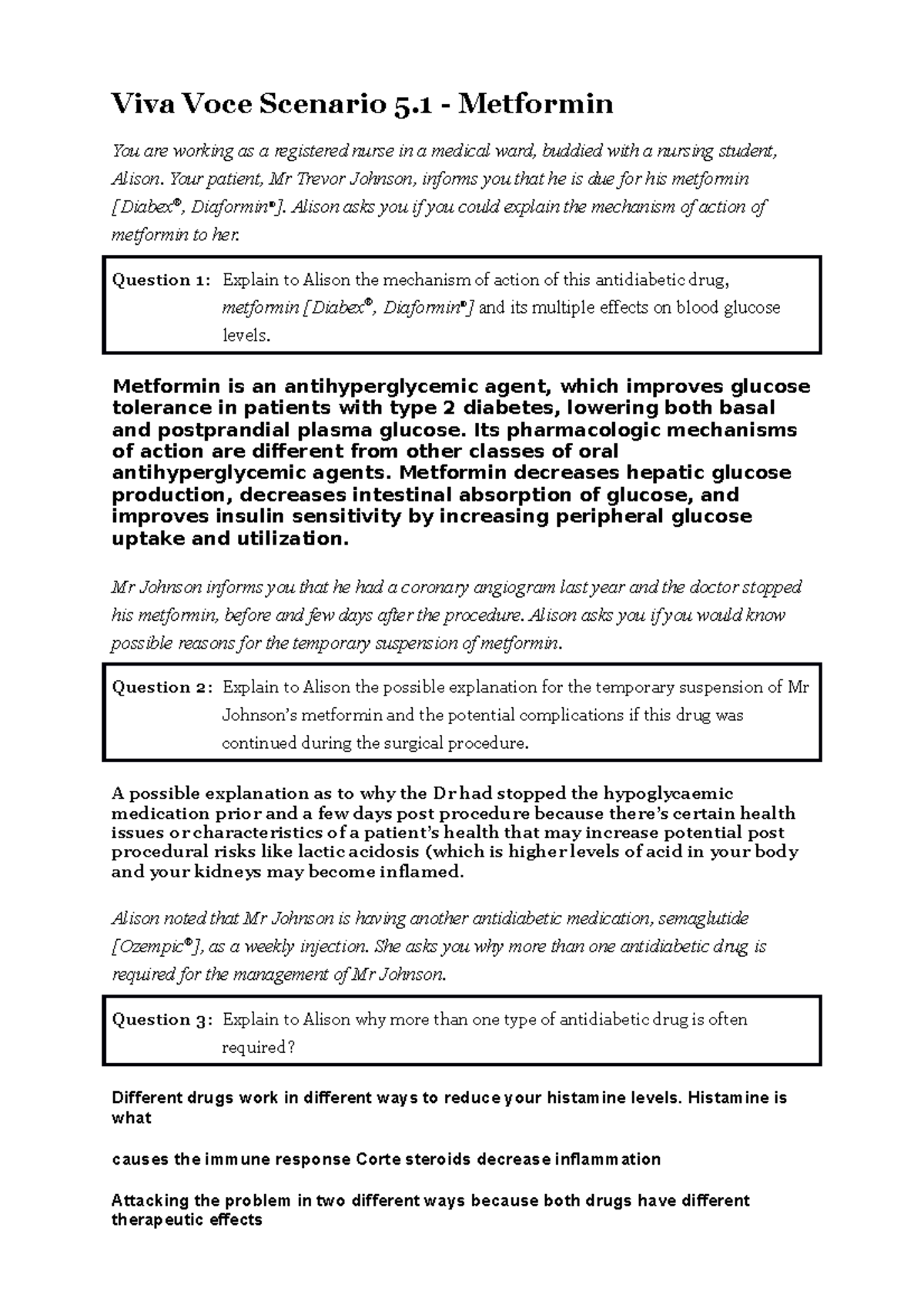 Pharmacology viva voce Viva Voce Scenario 5 Metformin You are