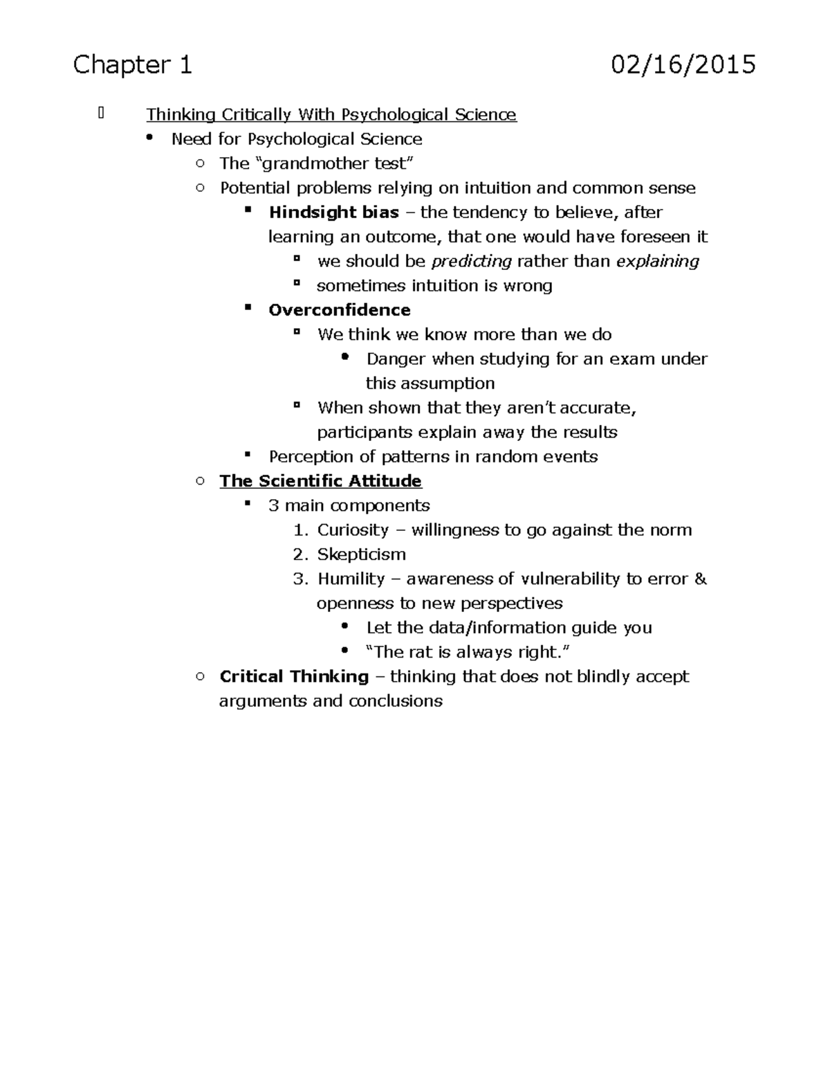 Pysch Notes Exam 1 - Chapter 1 02/16/ Thinking Critically With ...