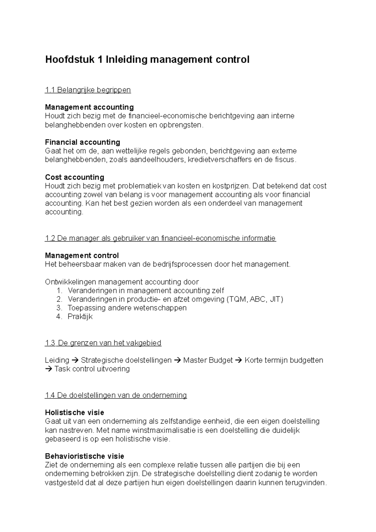 Samenvatting Management Control - Hoofdstuk 1 Inleiding Management ...