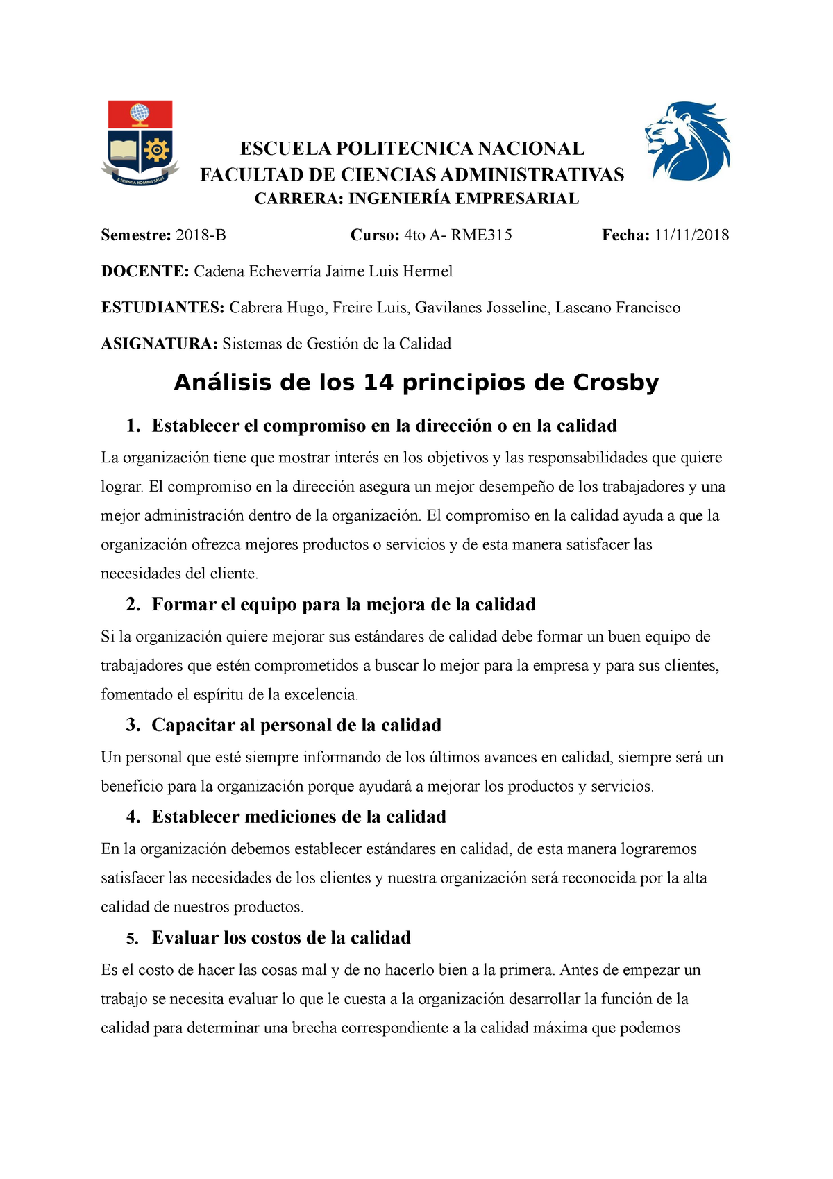 Análisis de los 14 principios de Crosby - ESCUELA POLITECNICA NACIONAL  FACULTAD DE CIENCIAS - Studocu