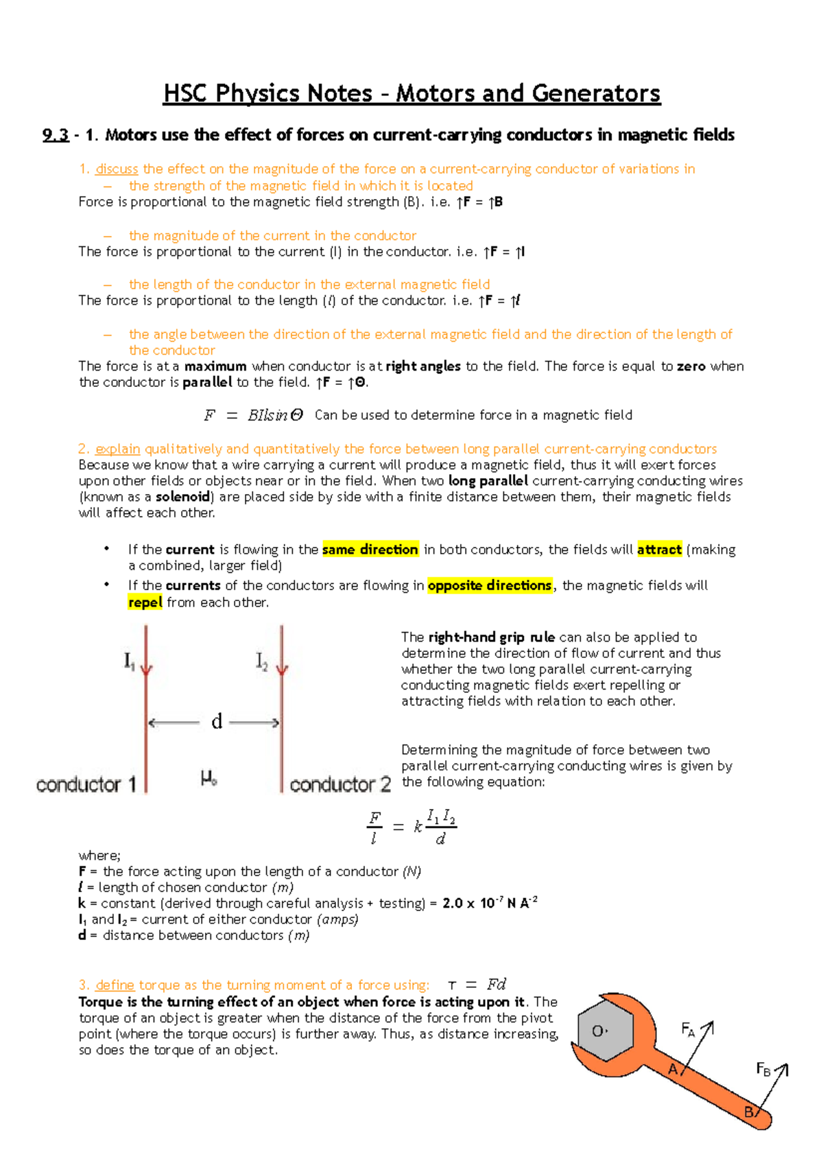 Motors and generators lecture notes HSC Physics Notes Motors and