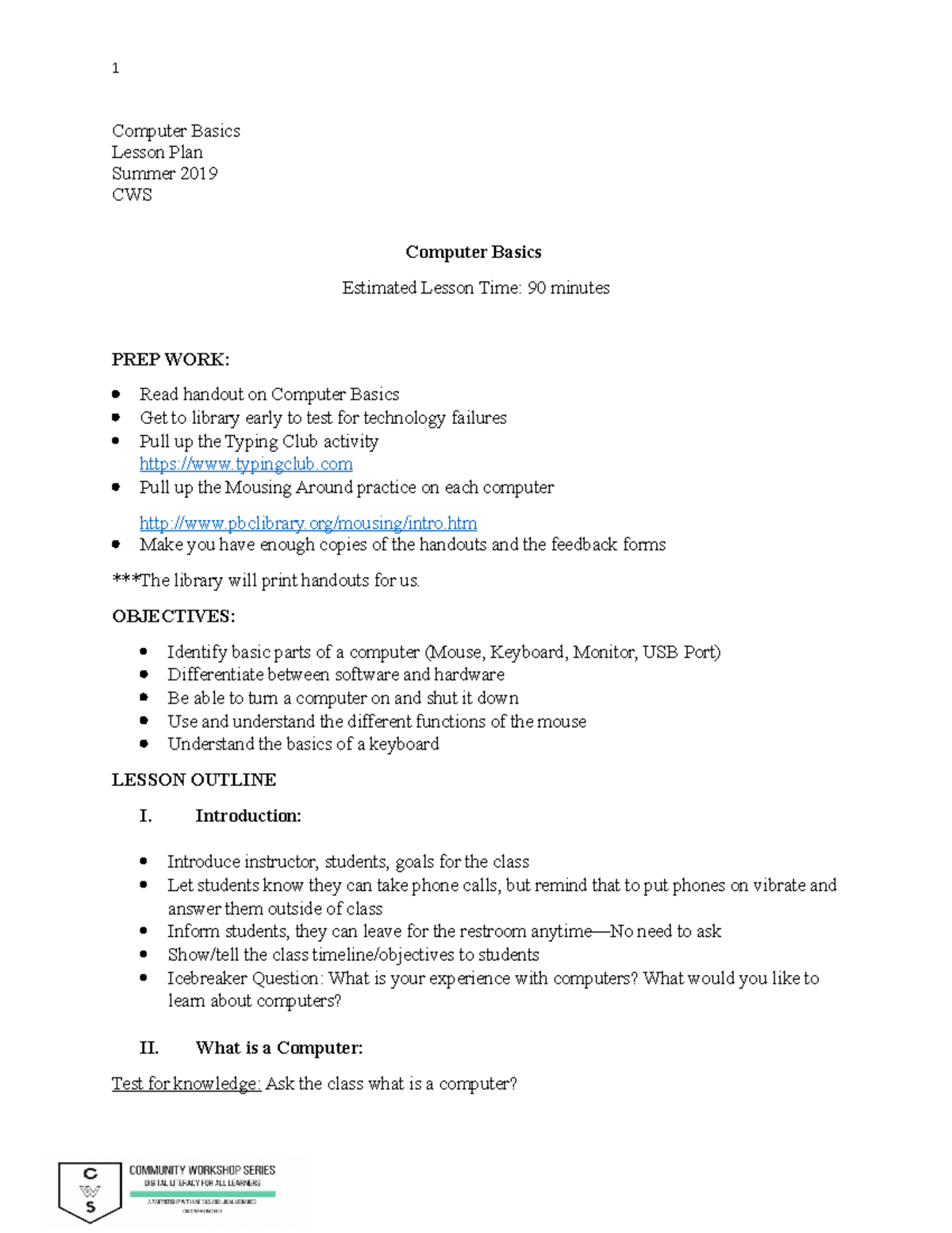 Computer Basics Lesson Plan One - Computer Basics Lesson Plan Summer ...